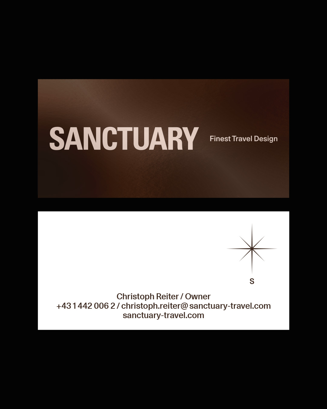 Brown and white Sanctuary business cards with a star symbol