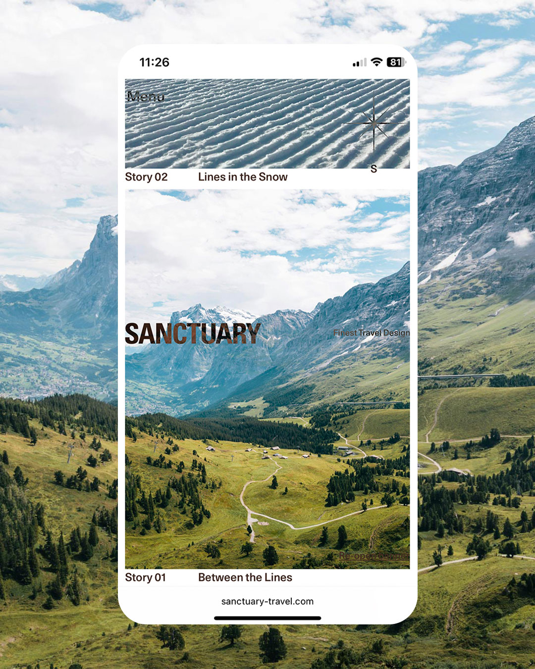 Mobile Sanctuary website design over an alpine landscape