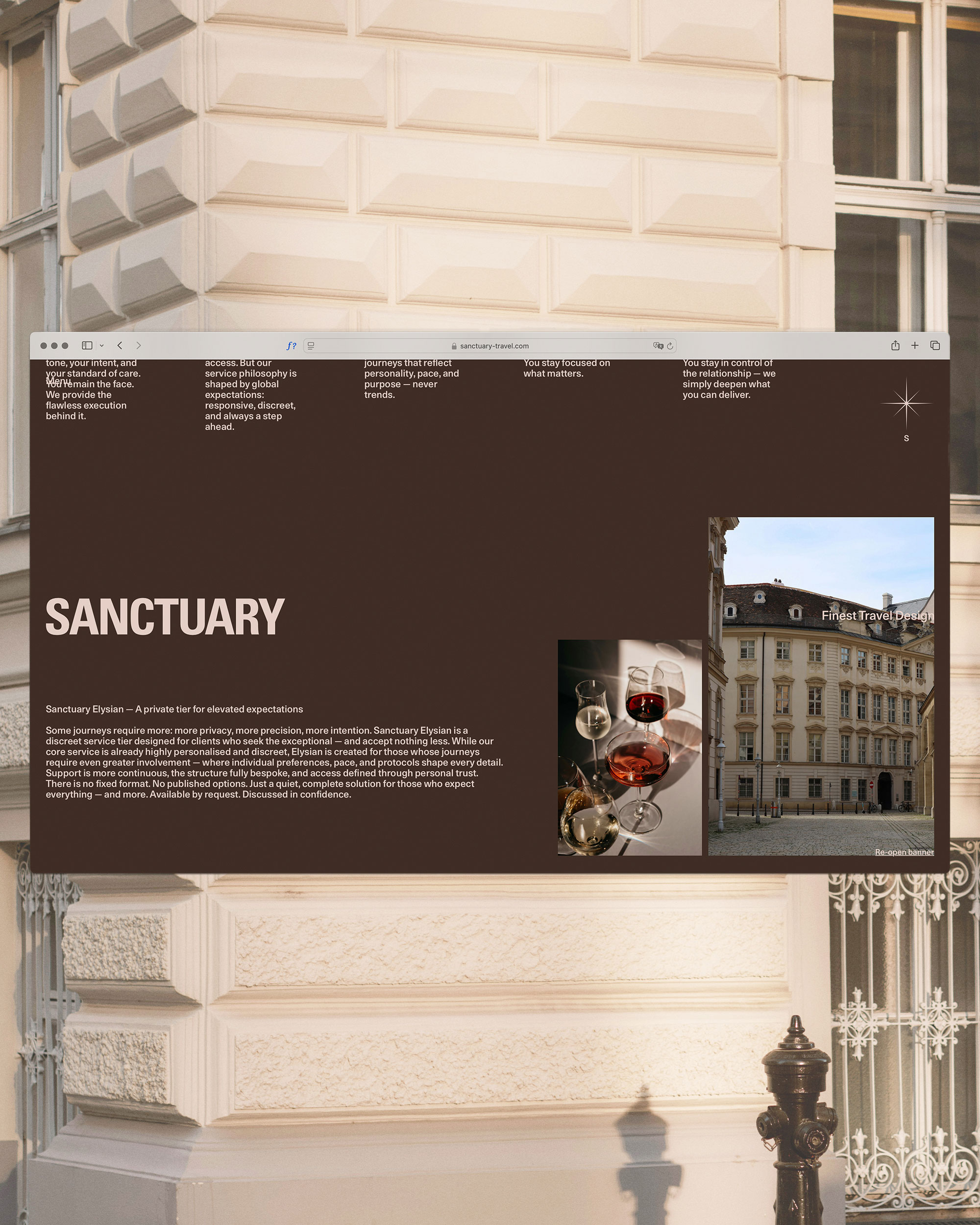 Sanctuary design with a brown text panel and travel photographs on a facade