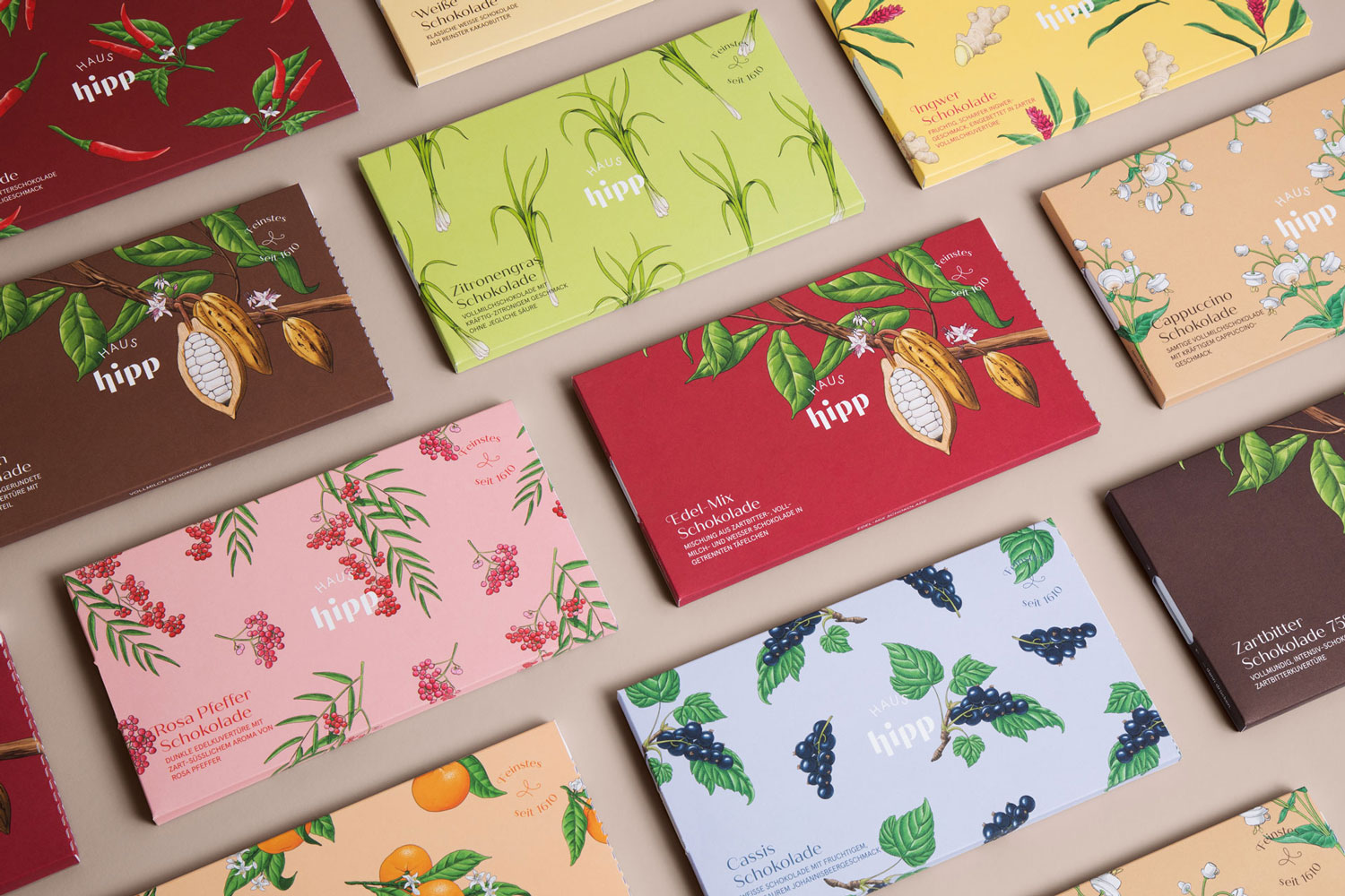 Overview of differently coloured Haus Hipp chocolate packs