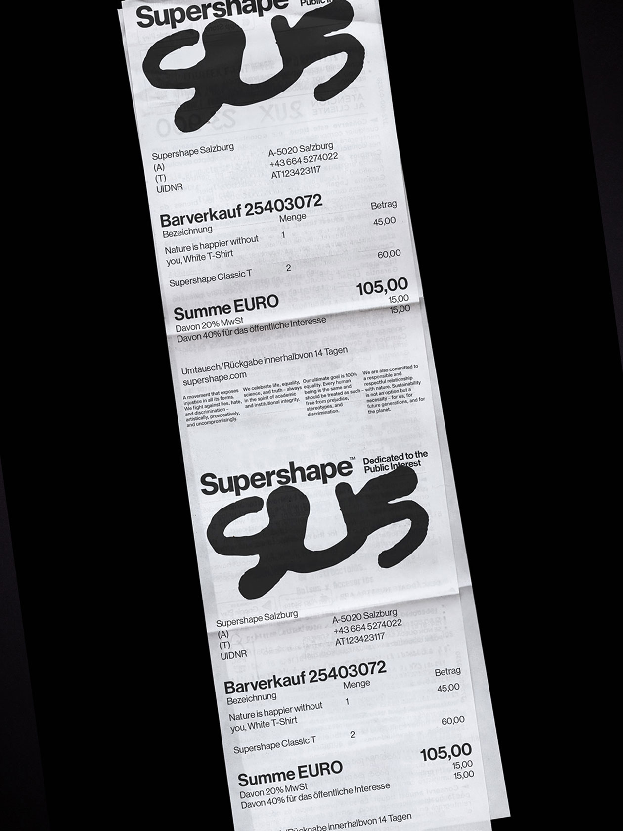 Narrow Supershape print piece with black typography and an abstract symbol