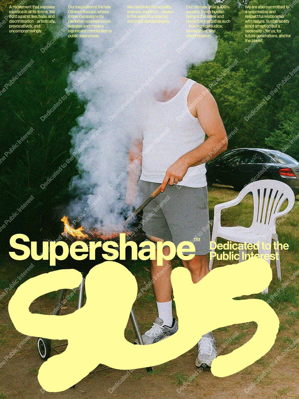 Supershape poster with photography and oversized yellow typography