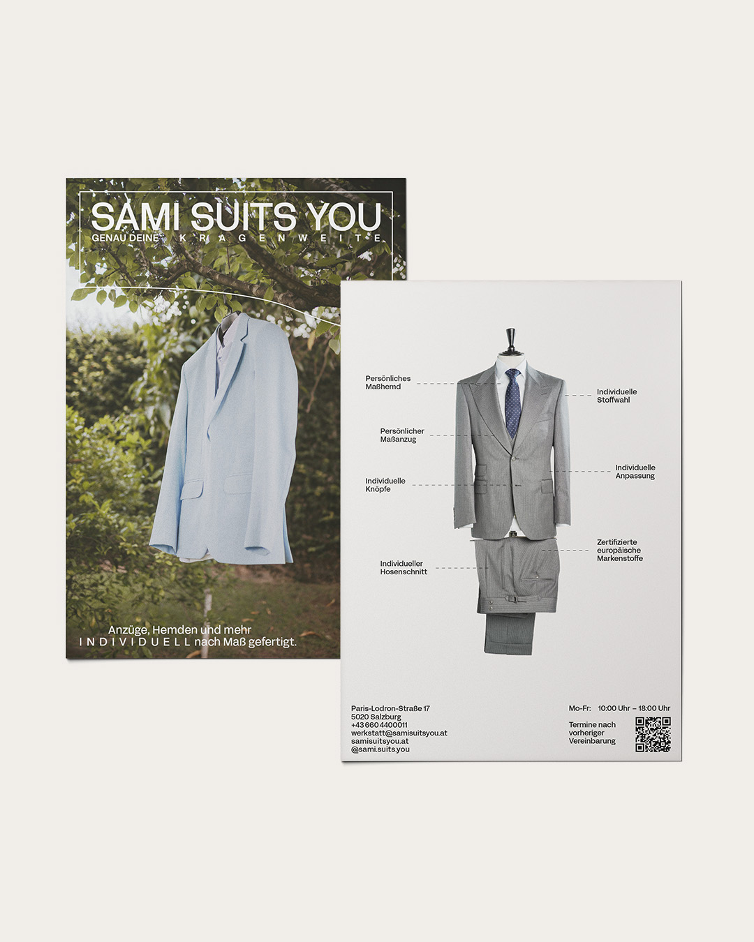 Front and back of a flyer with shirt photography and a suit overview
