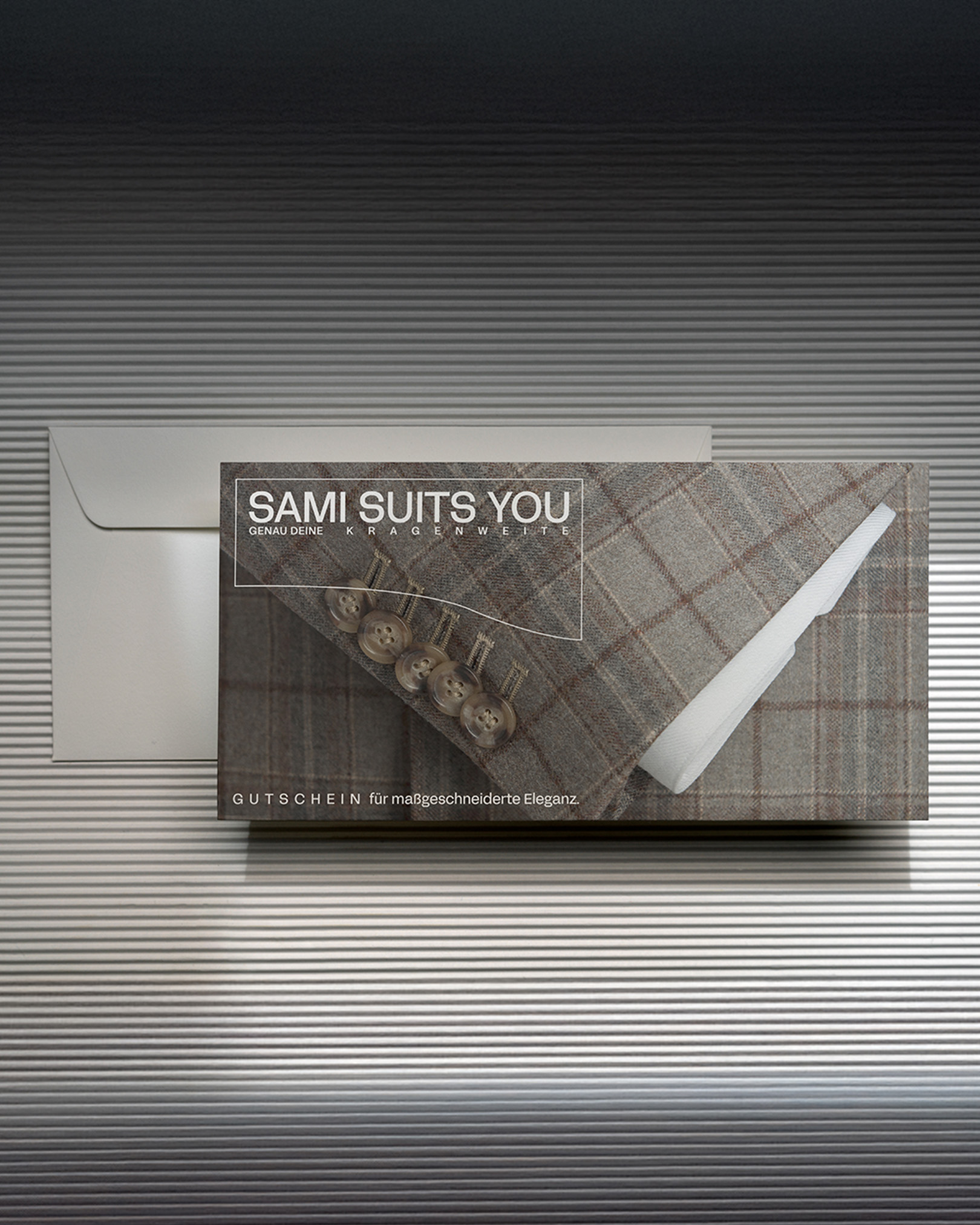 Sami Suits You poster with a suit detail on a ribbed wall