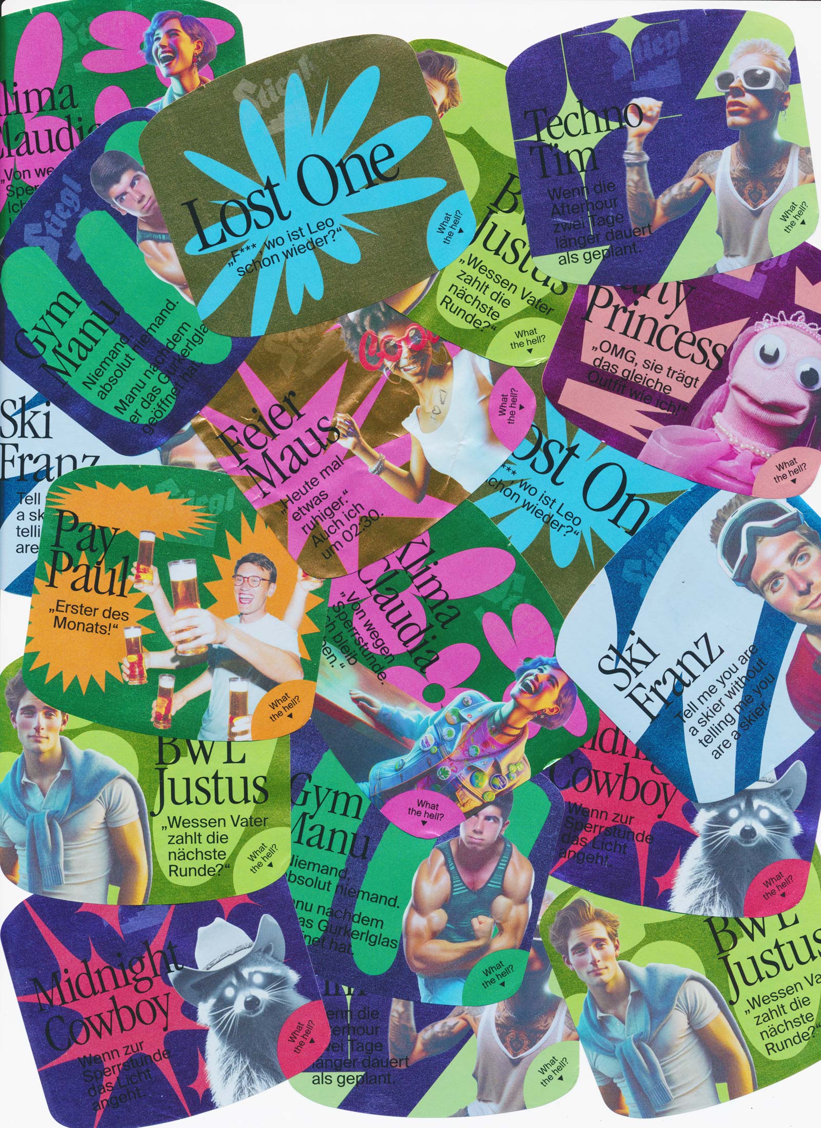 Collage of colourful illustrations and lettering for Stiegl beer labels