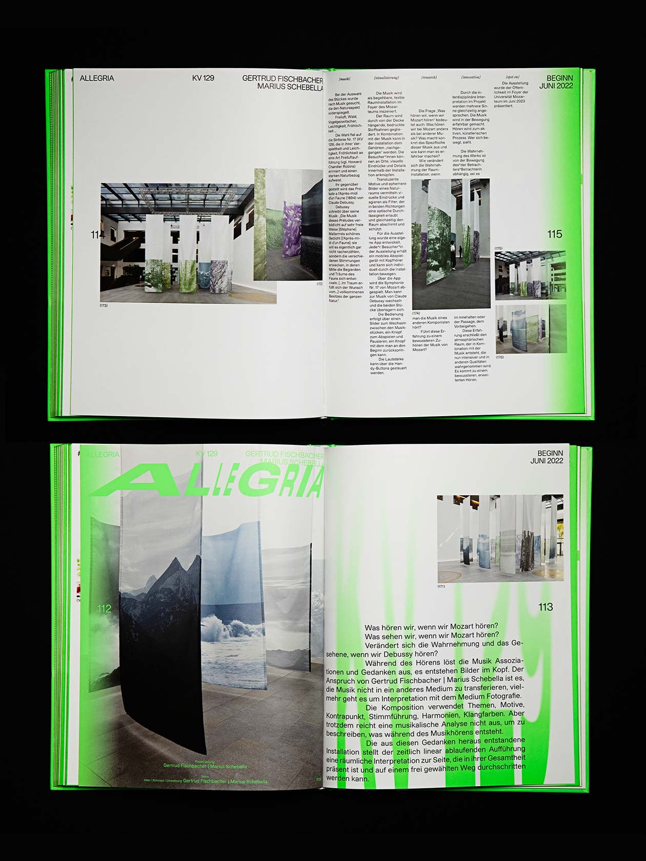 Two open Spot on Mozart books with neon-green design elements