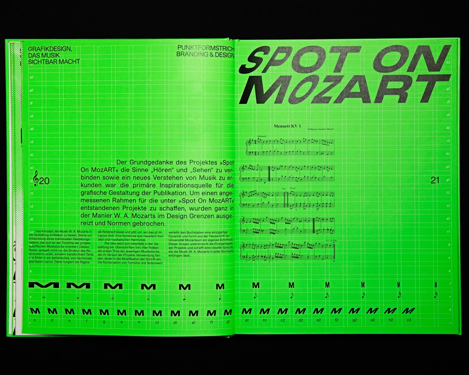Neon-green opening spread with the Spot on Mozart title and small typography