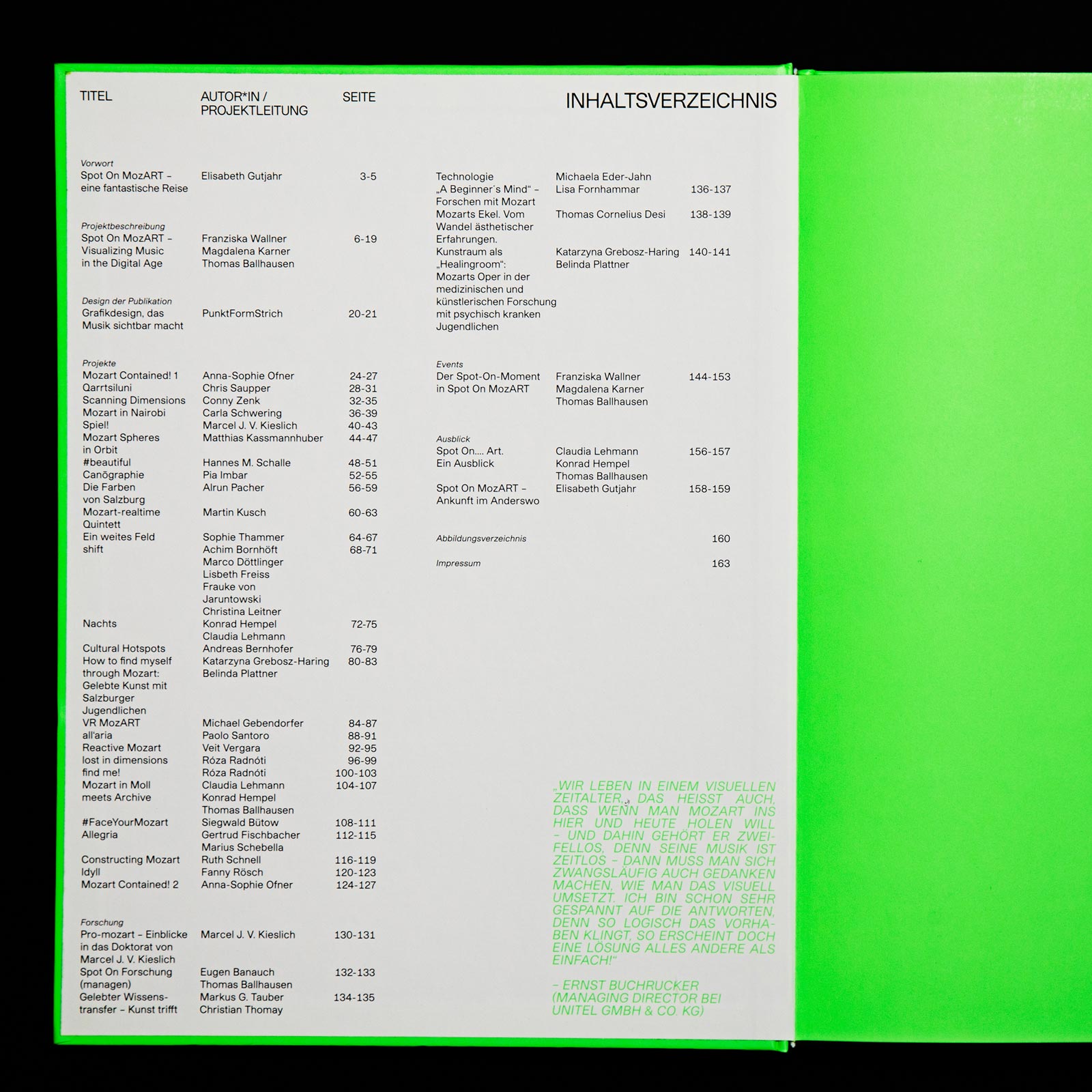 Typographic index on a pale book page with a neon-green edge