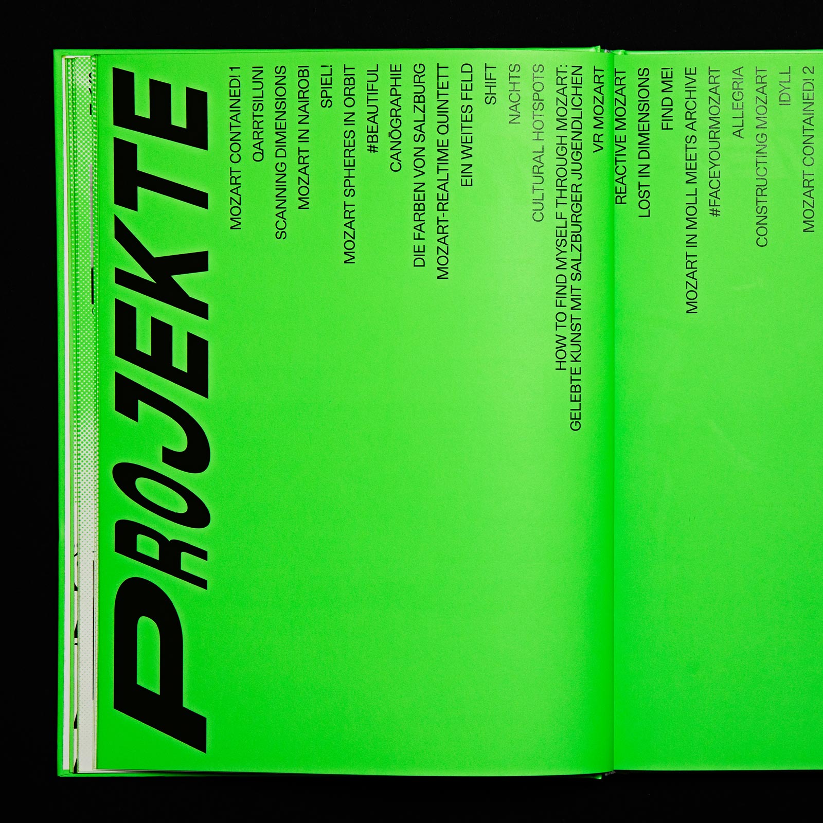 Neon-green book page with large vertical Projekte lettering