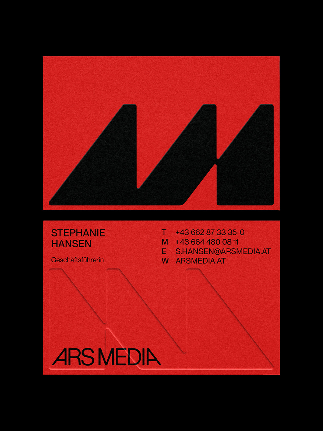 Red Ars Media business cards with a black symbol and contact details