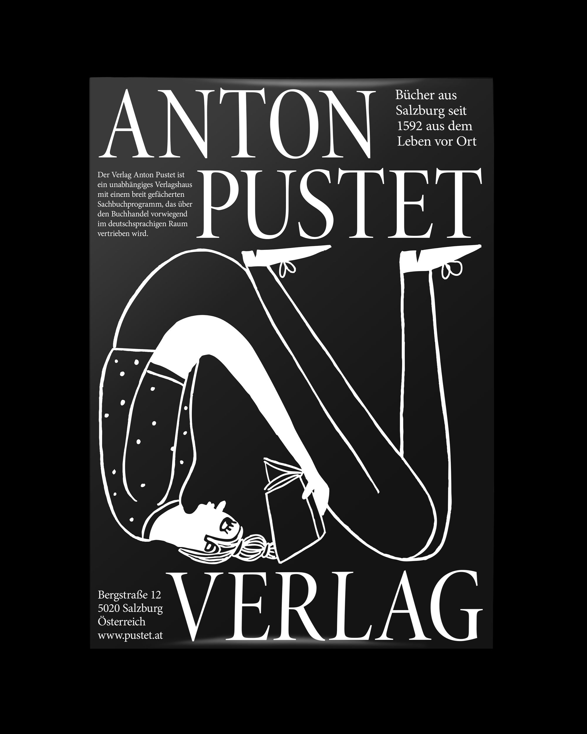 Black-and-white Anton Pustet Verlag poster with an upside-down reading figure