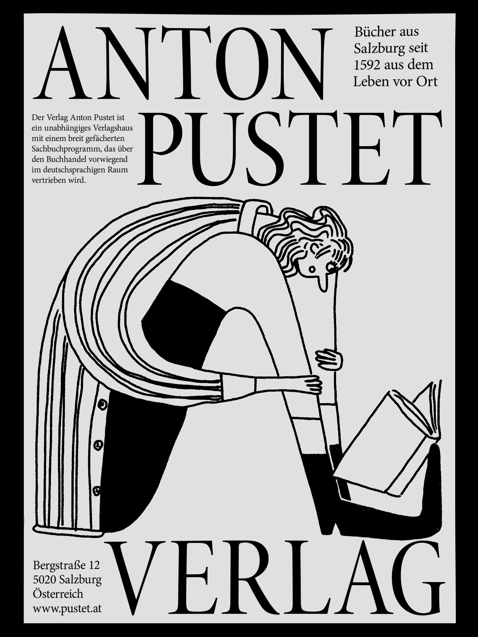 White Anton Pustet Verlag poster with a black illustration of a reading figure