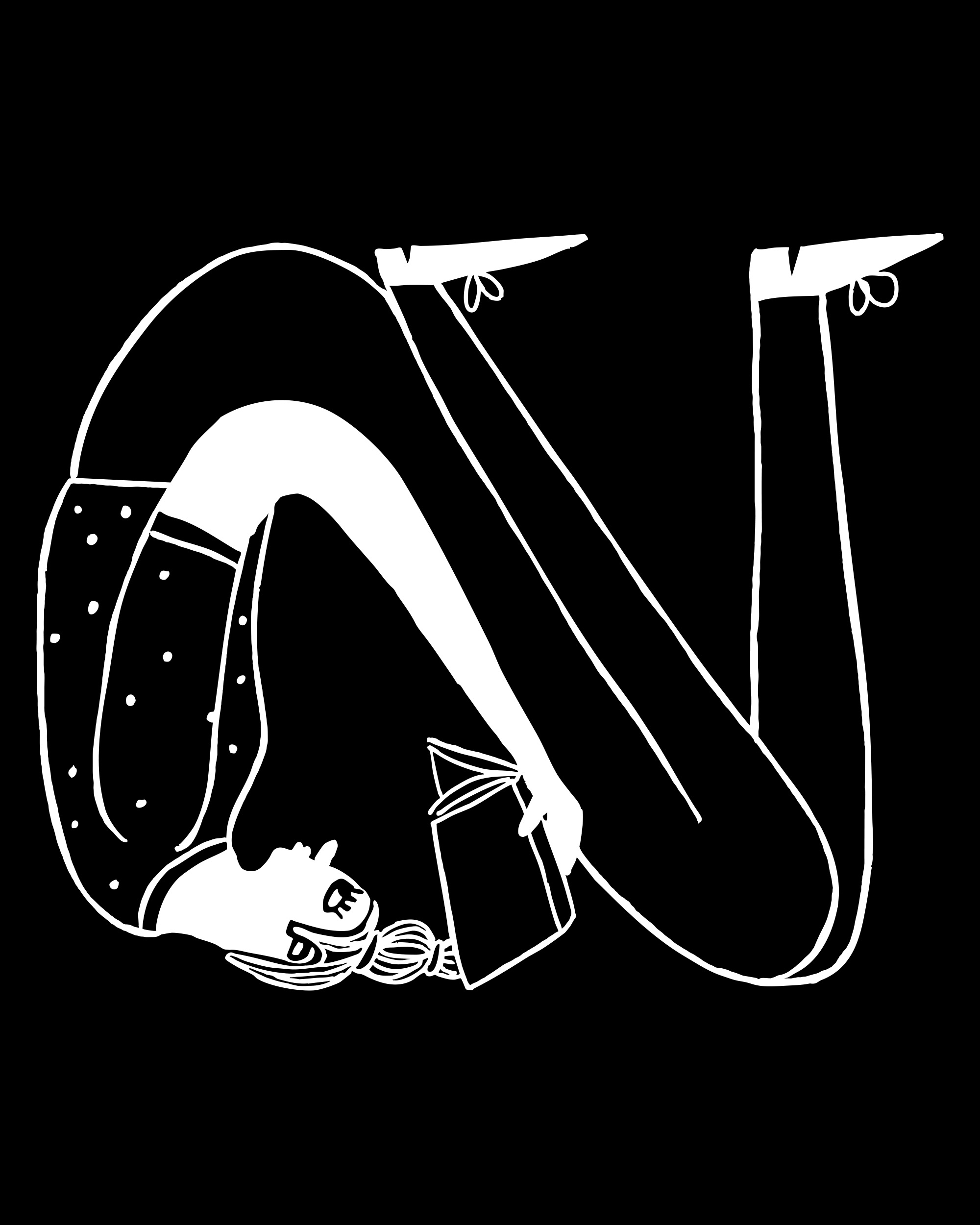 White line illustration of a person reading upside down on black