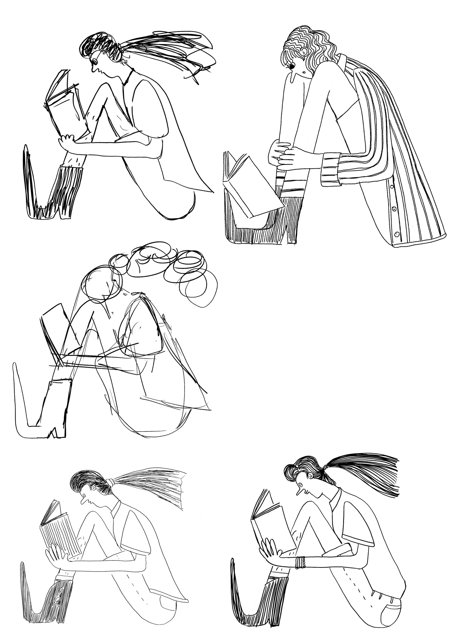 Black-and-white sketches of reading figures in different poses
