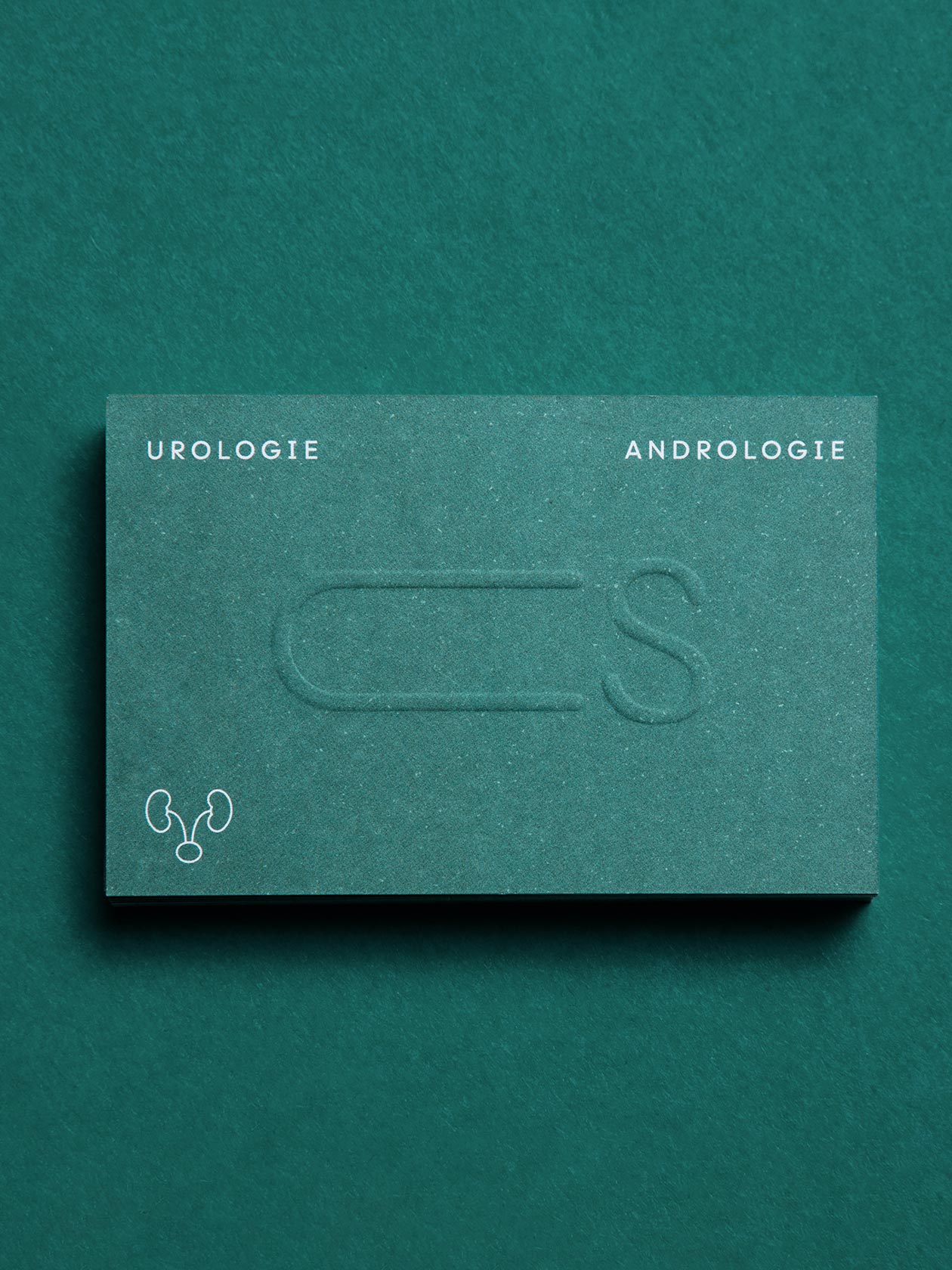 Green business card with an embossed CS symbol for Dr. Christopher Steiner