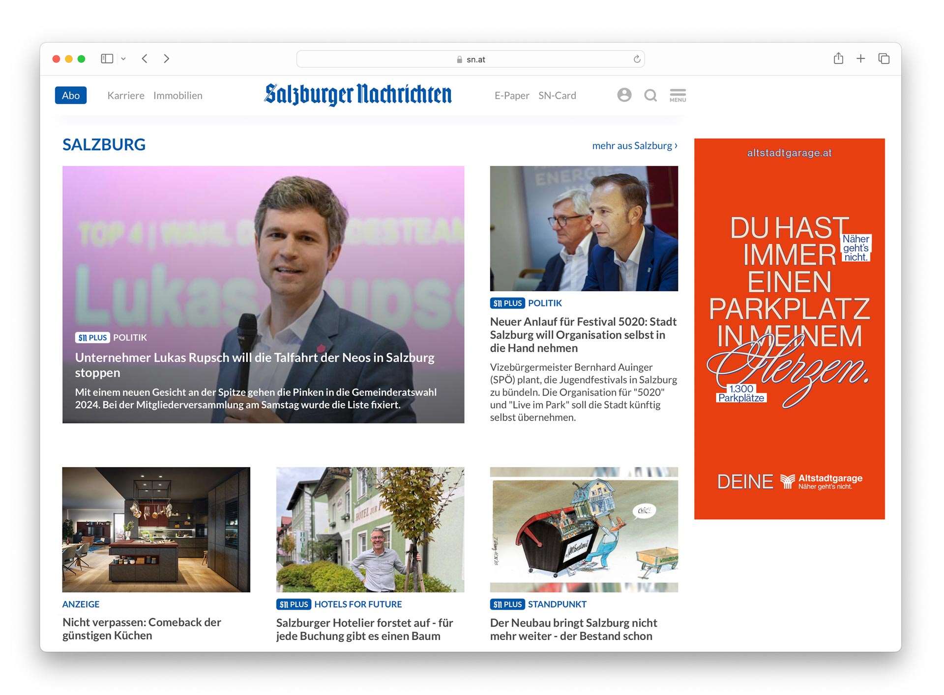 Altstadtgarage digital advertisement on a news website