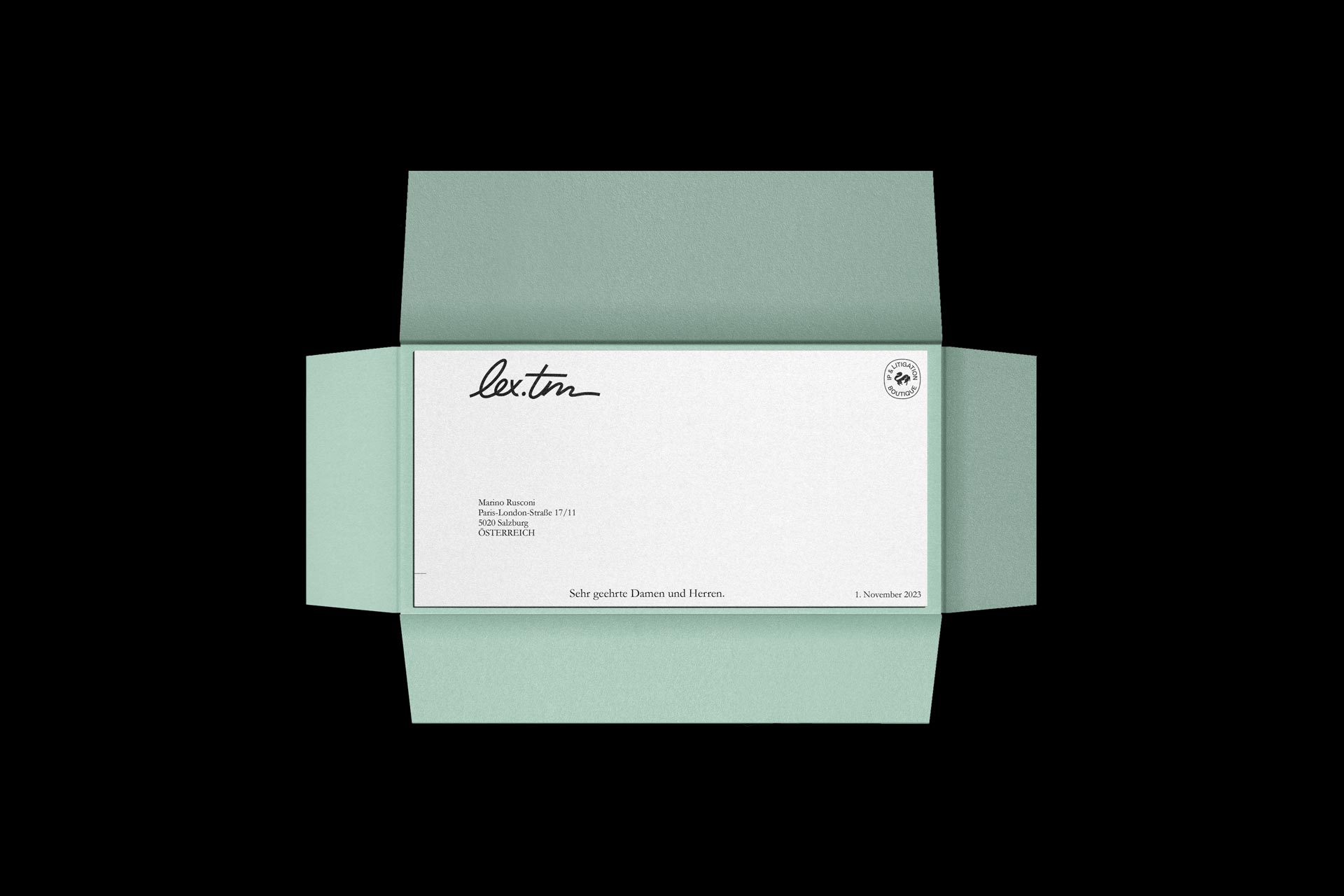 Open mint-green folder with white lex.tm stationery