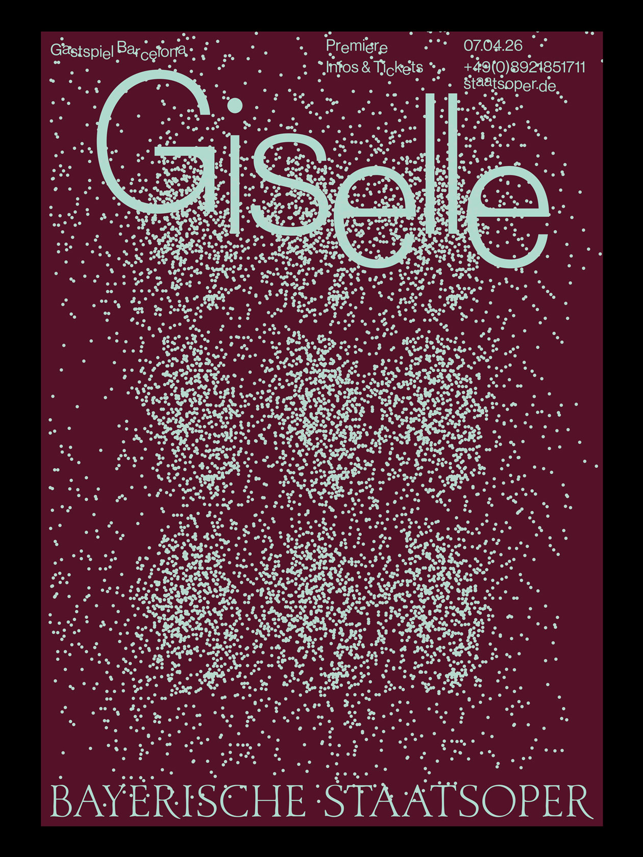 Giselle poster concept with white typography and a grainy figure on burgundy