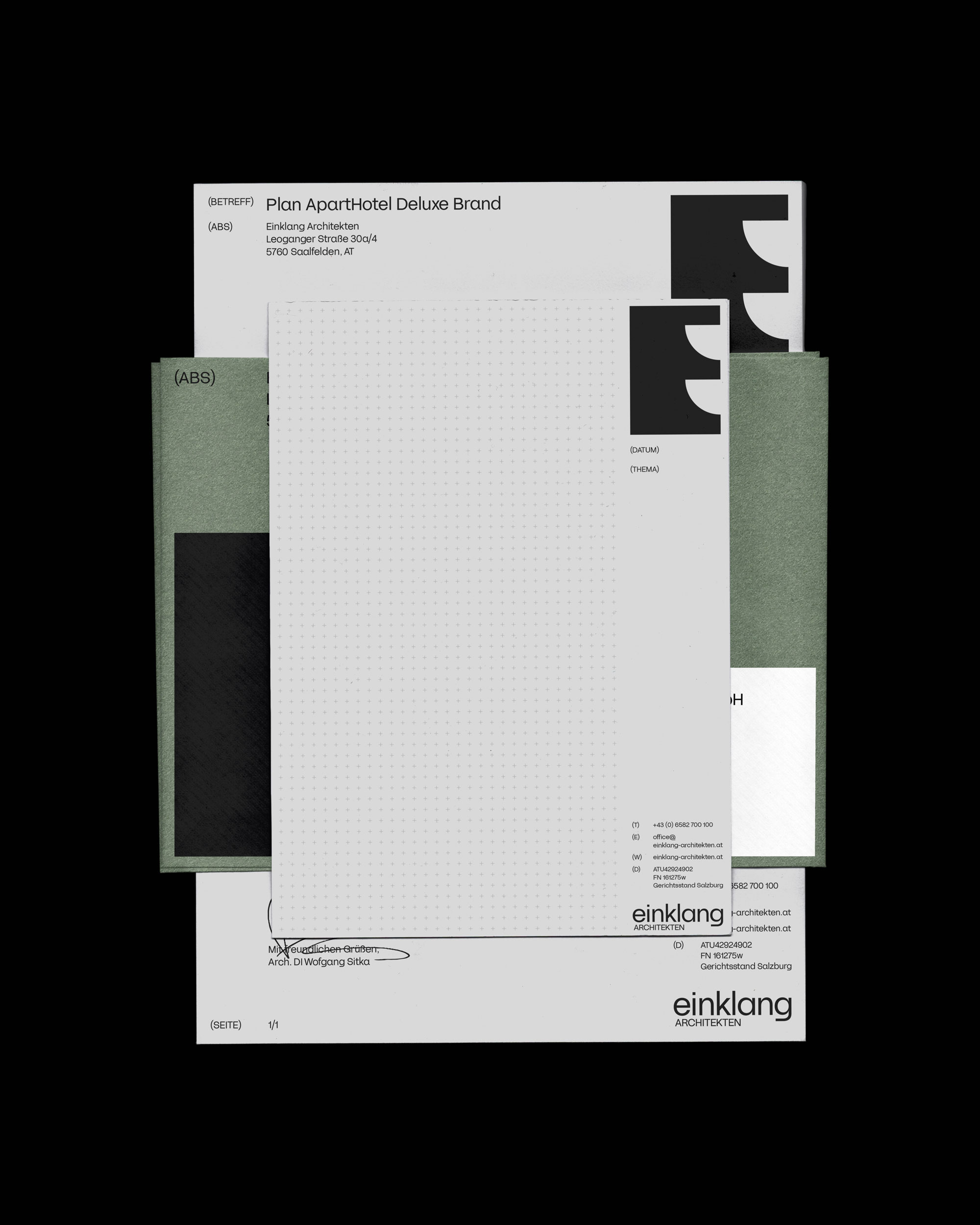 Einklang letterhead and cards in white, black and muted green