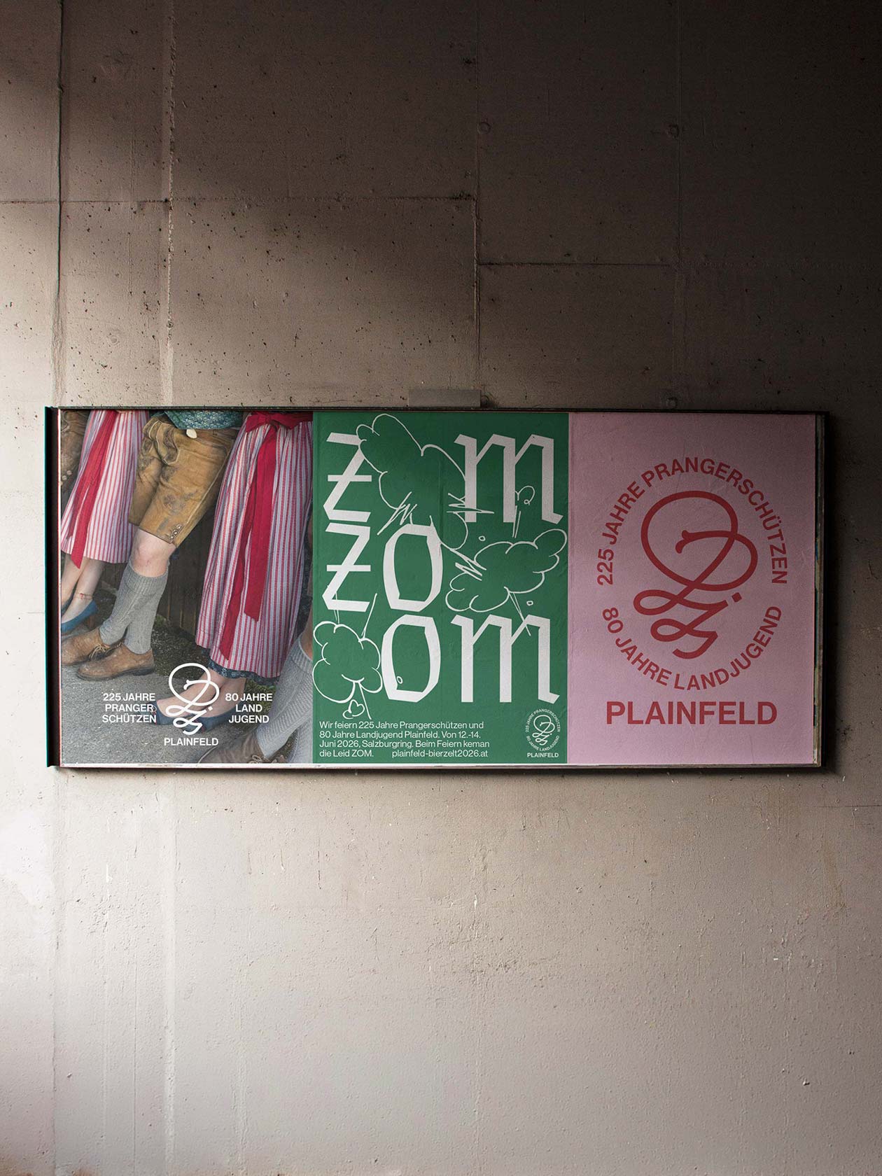 Zom Zom Zom campaign with traditional dress photography, green typography and a pink association symbol