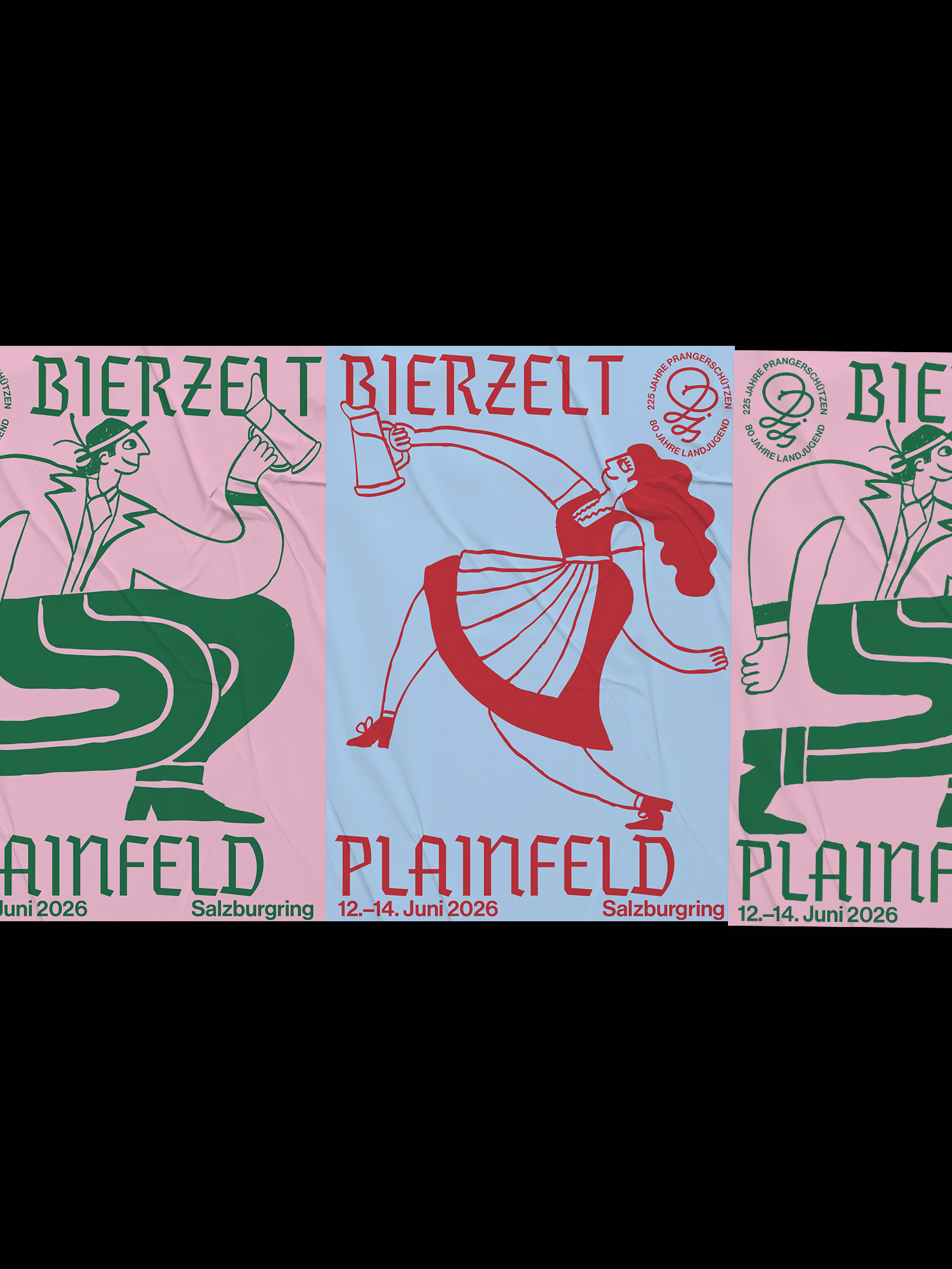 Pink-and-green beer tent posters with a dancing musician character