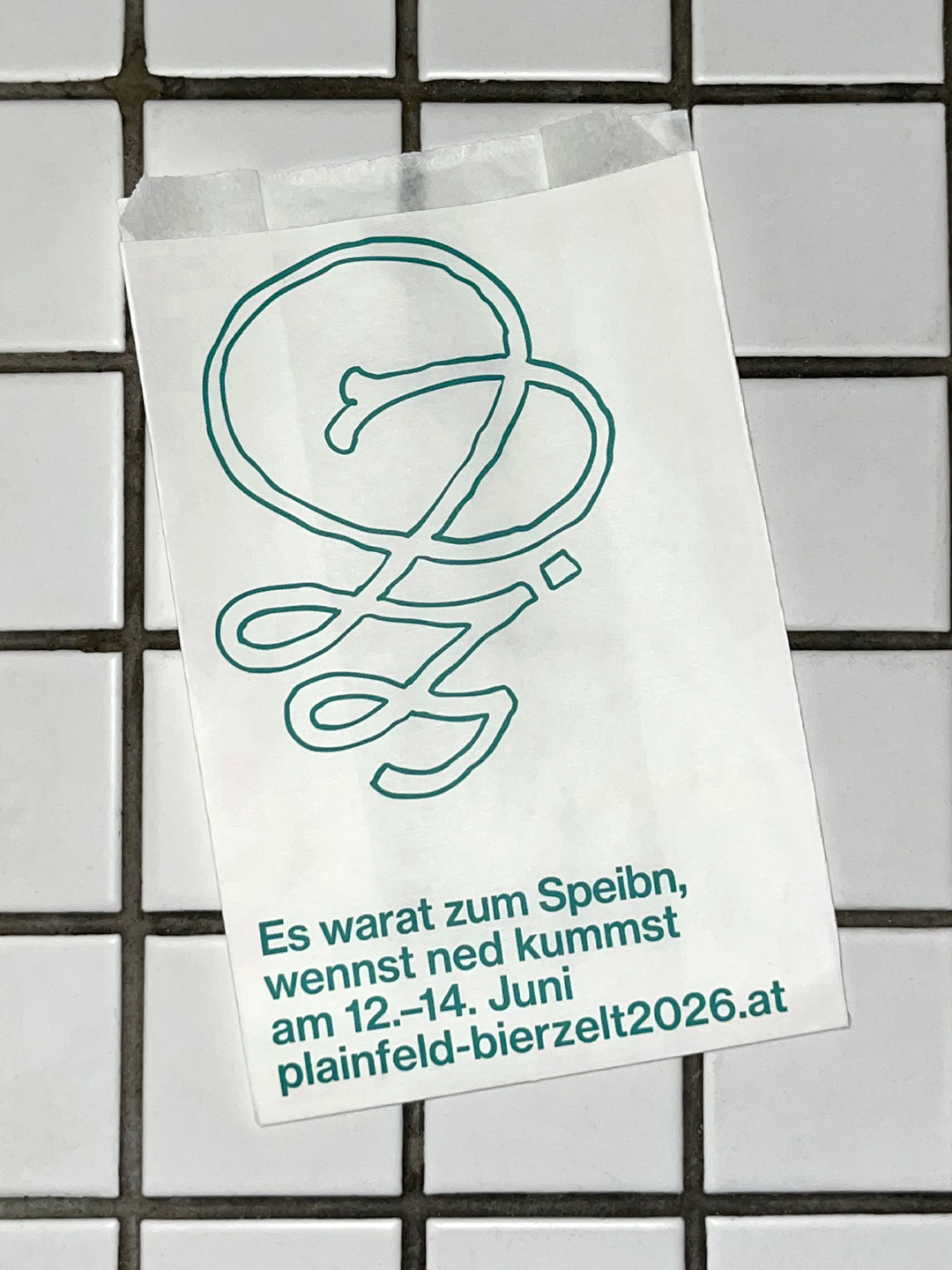 White event flyer with a green line symbol on a wire grid