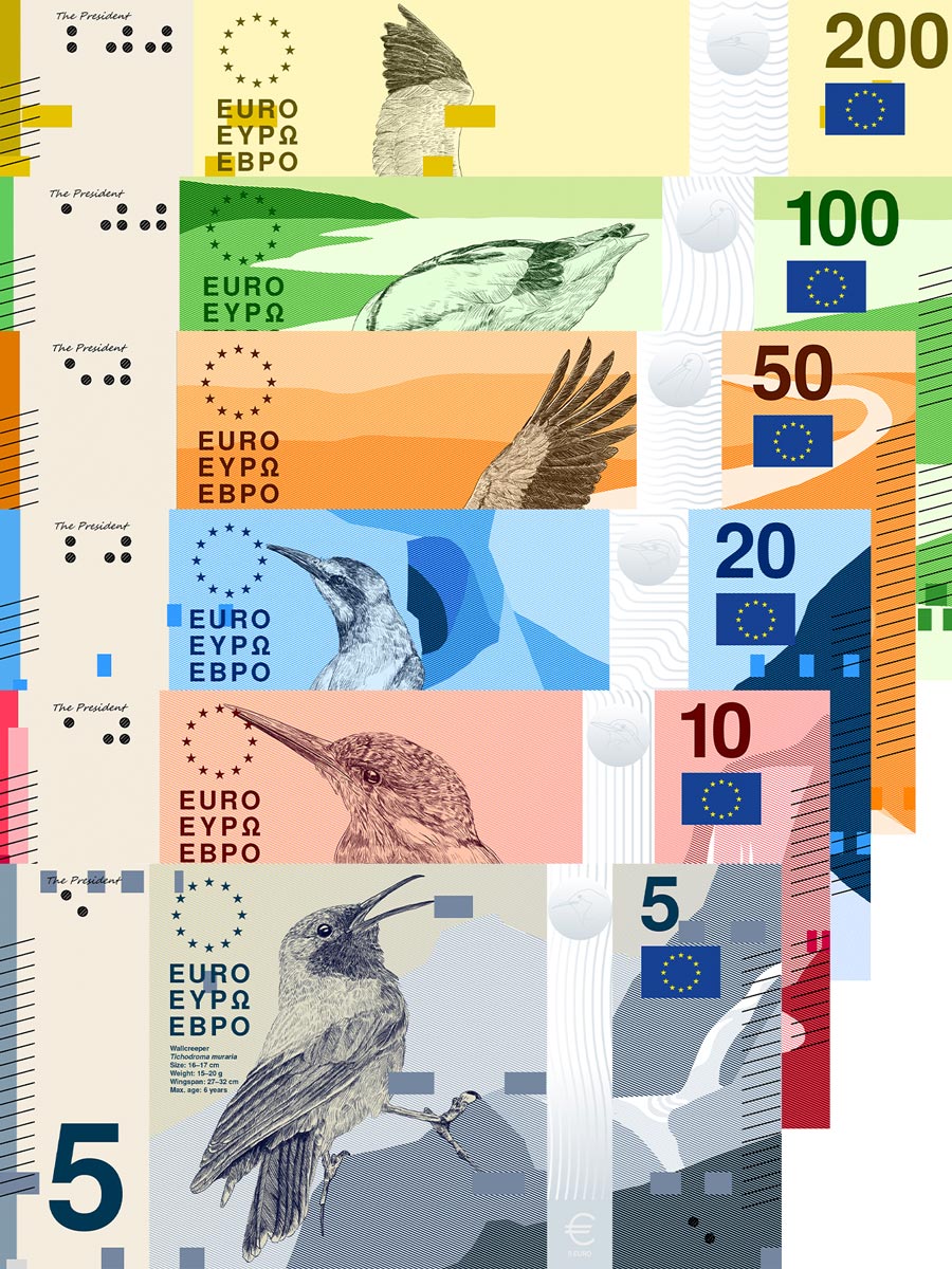 Six colour-coordinated euro banknote designs from 5 to 200 euros