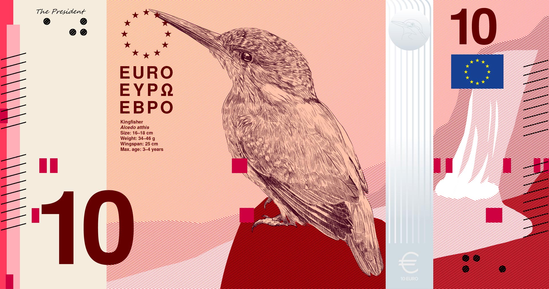 Pink and red 10-euro design featuring a kingfisher