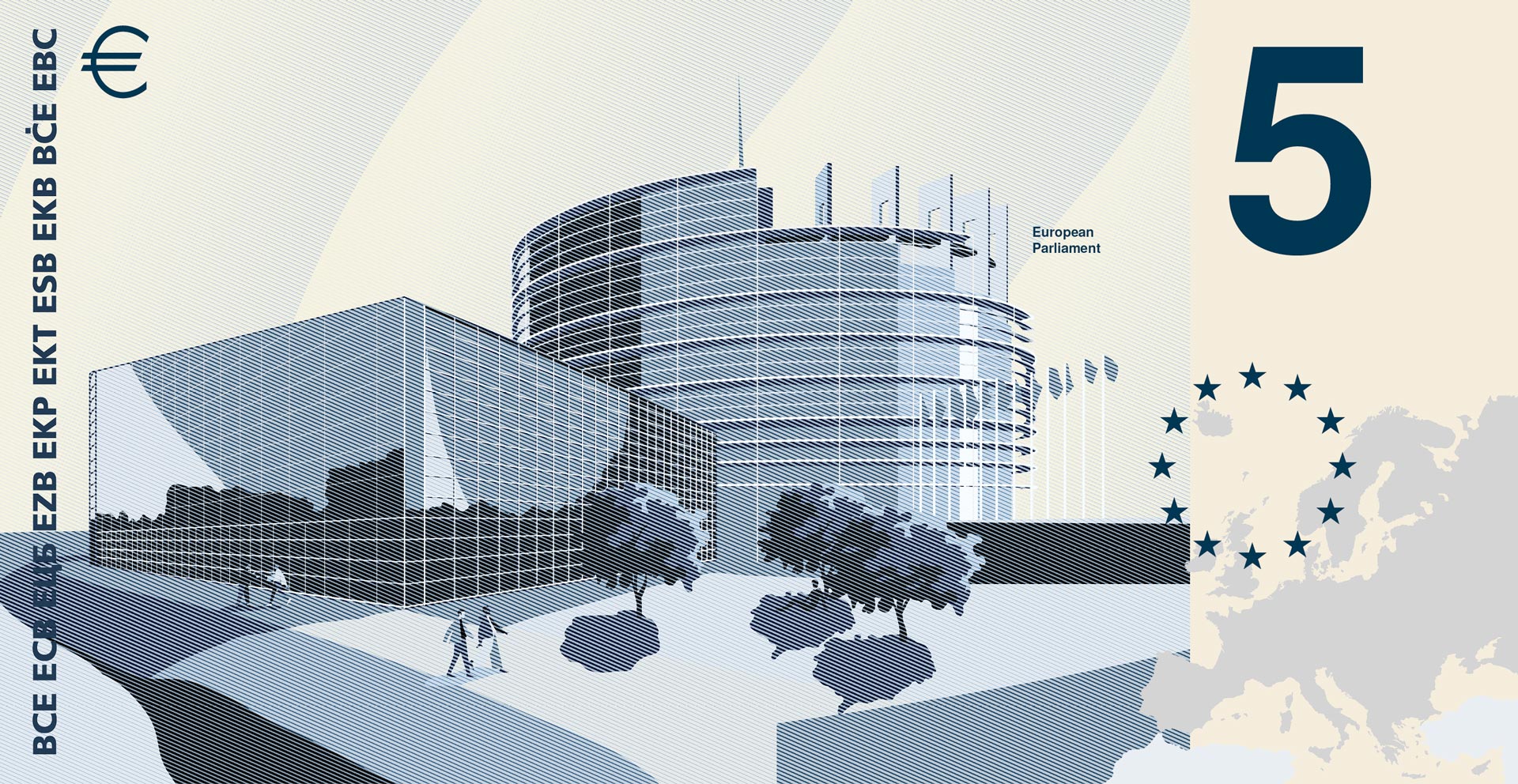 Reverse of the 5-euro design with an EU building and a map of Europe