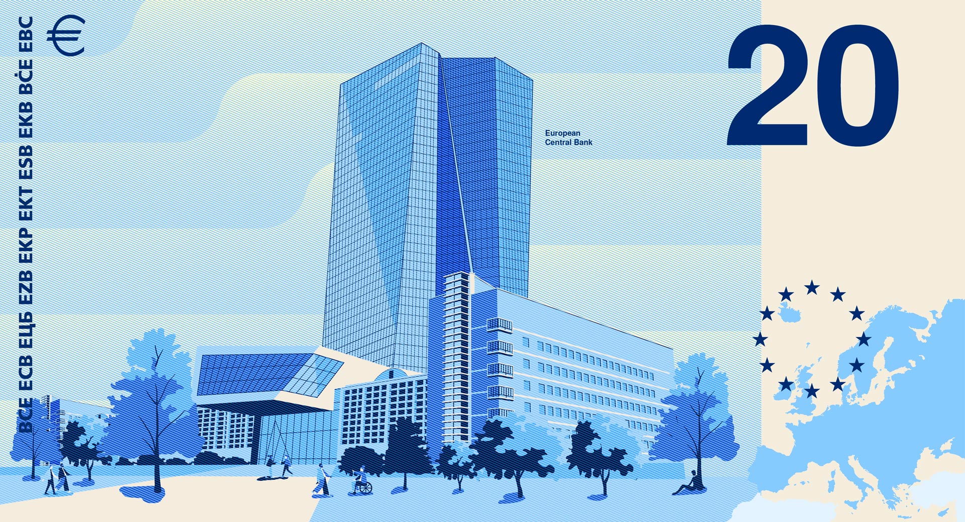 Reverse of the 20-euro design featuring the European Central Bank building