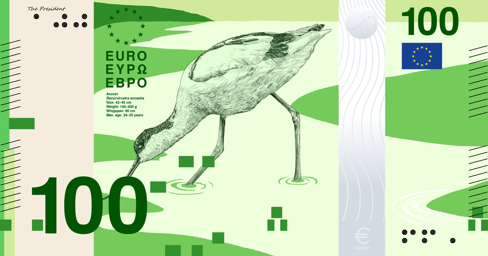 Green 100-euro design featuring a bird beside water