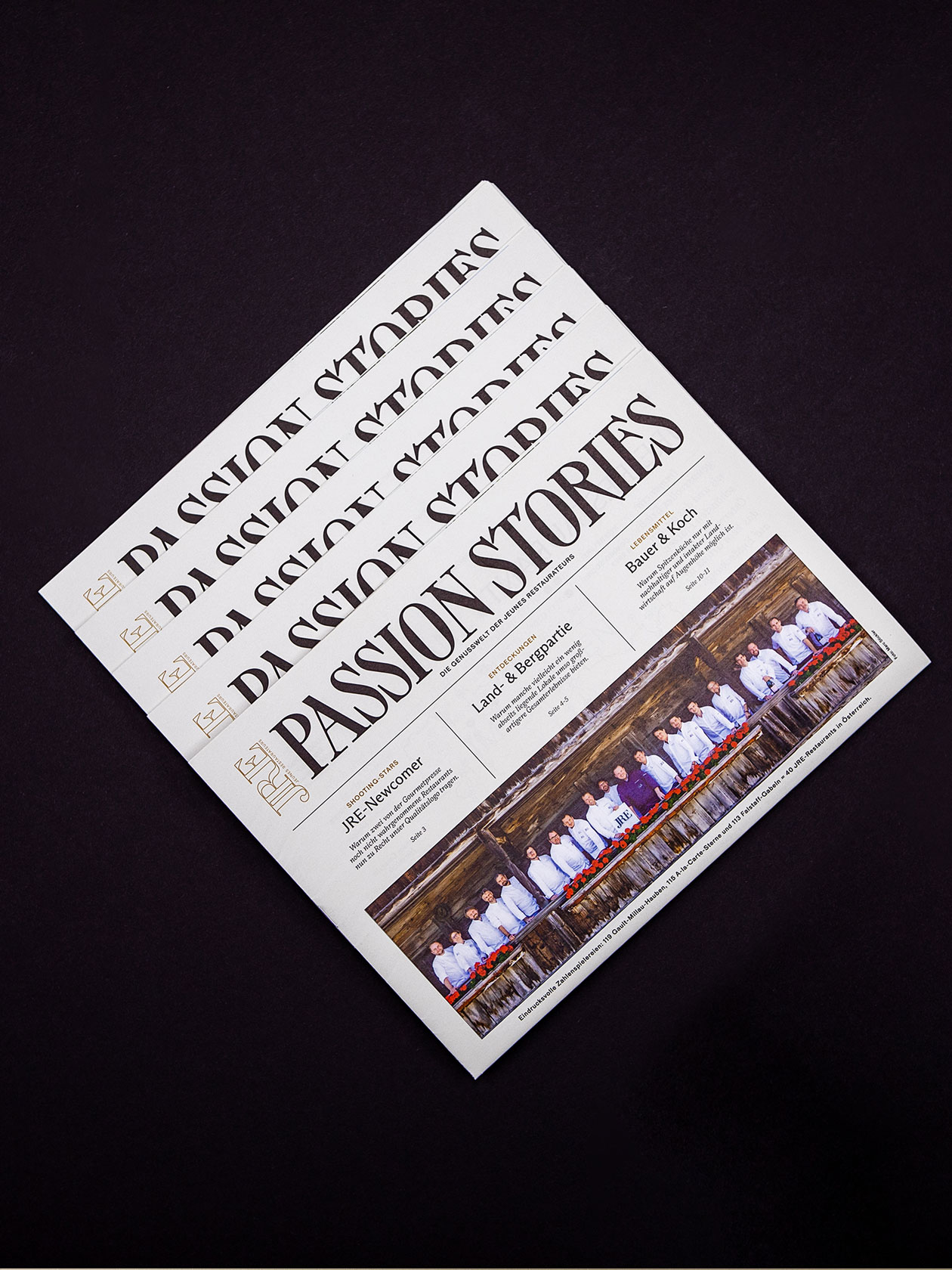 Passion Stories magazine with a typographic cover and food photography