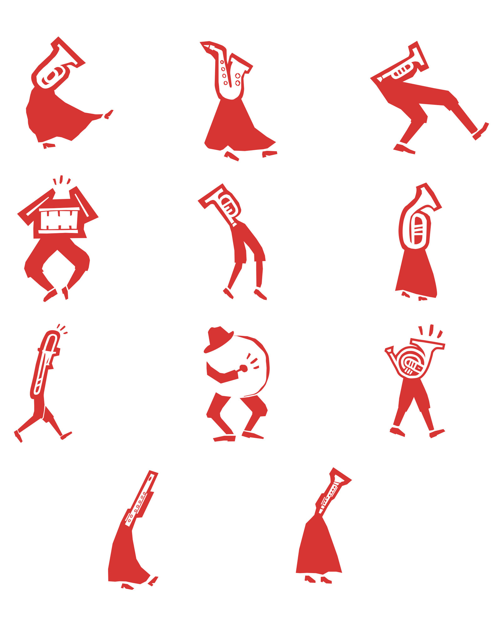 Series of red characters combining musical instruments with dancing bodies