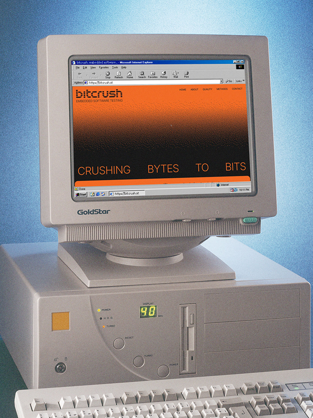 Orange-and-black bitcrush website on a vintage desktop computer