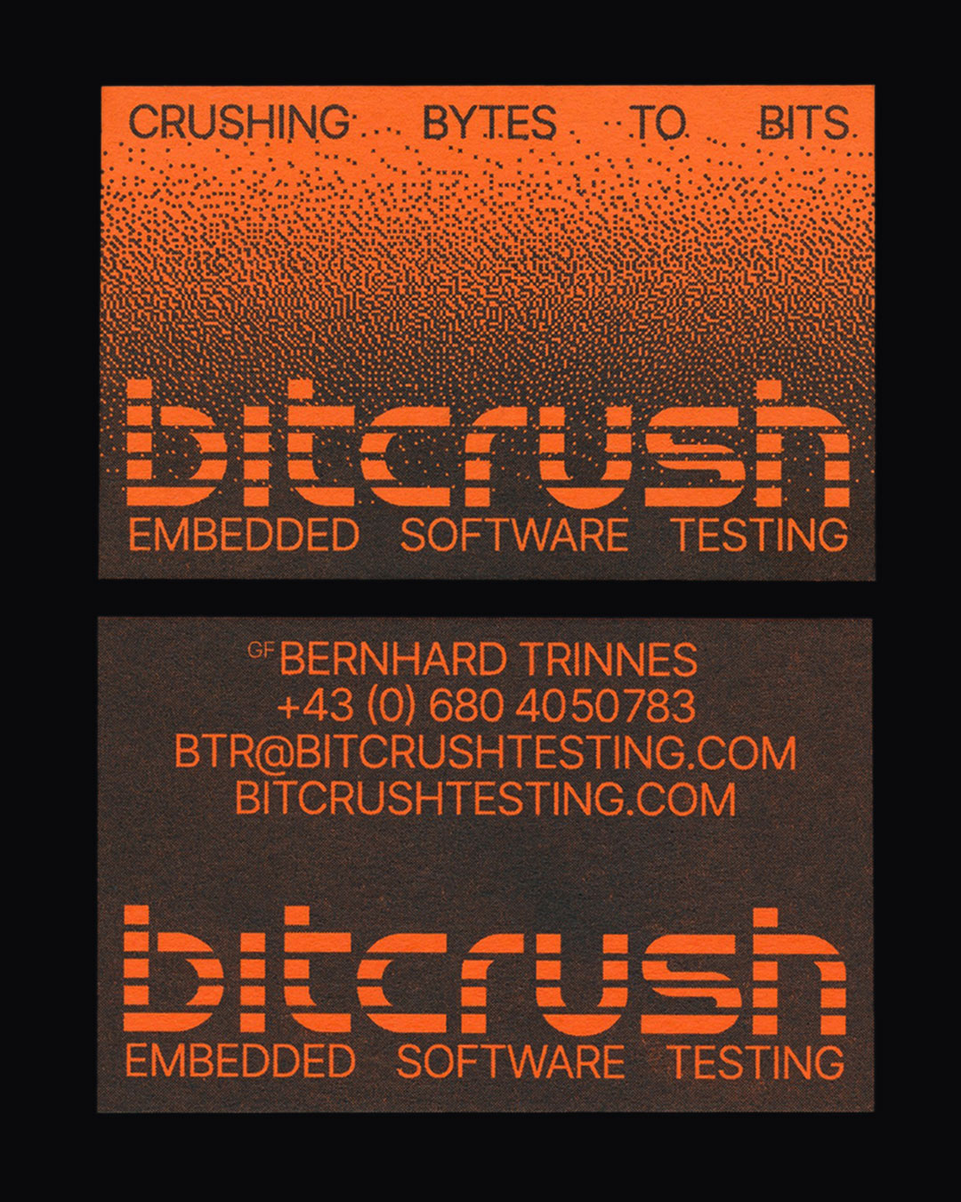 Two bitcrush business cards with orange pixel typography on black