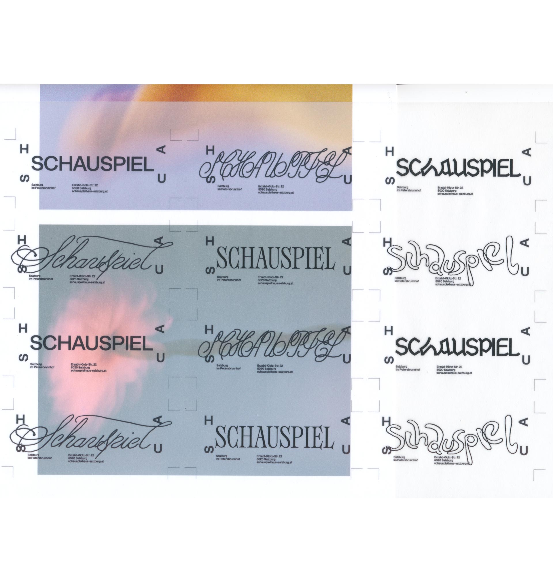 Theatre announcement design variations with a logo and hand-drawn lettering