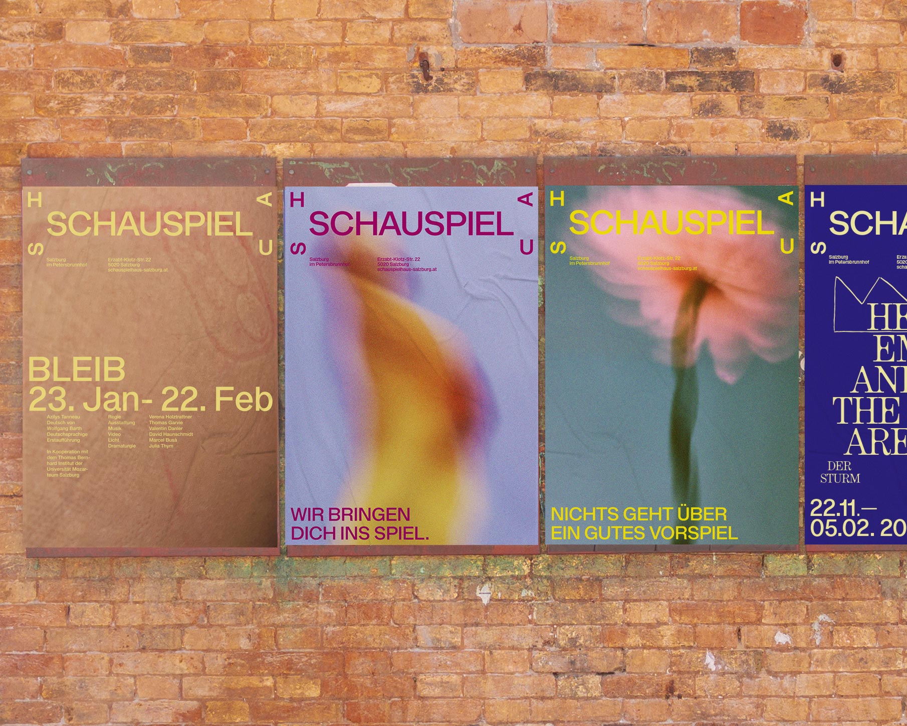 Proposed theatre poster series with colourful photographs on a brick wall