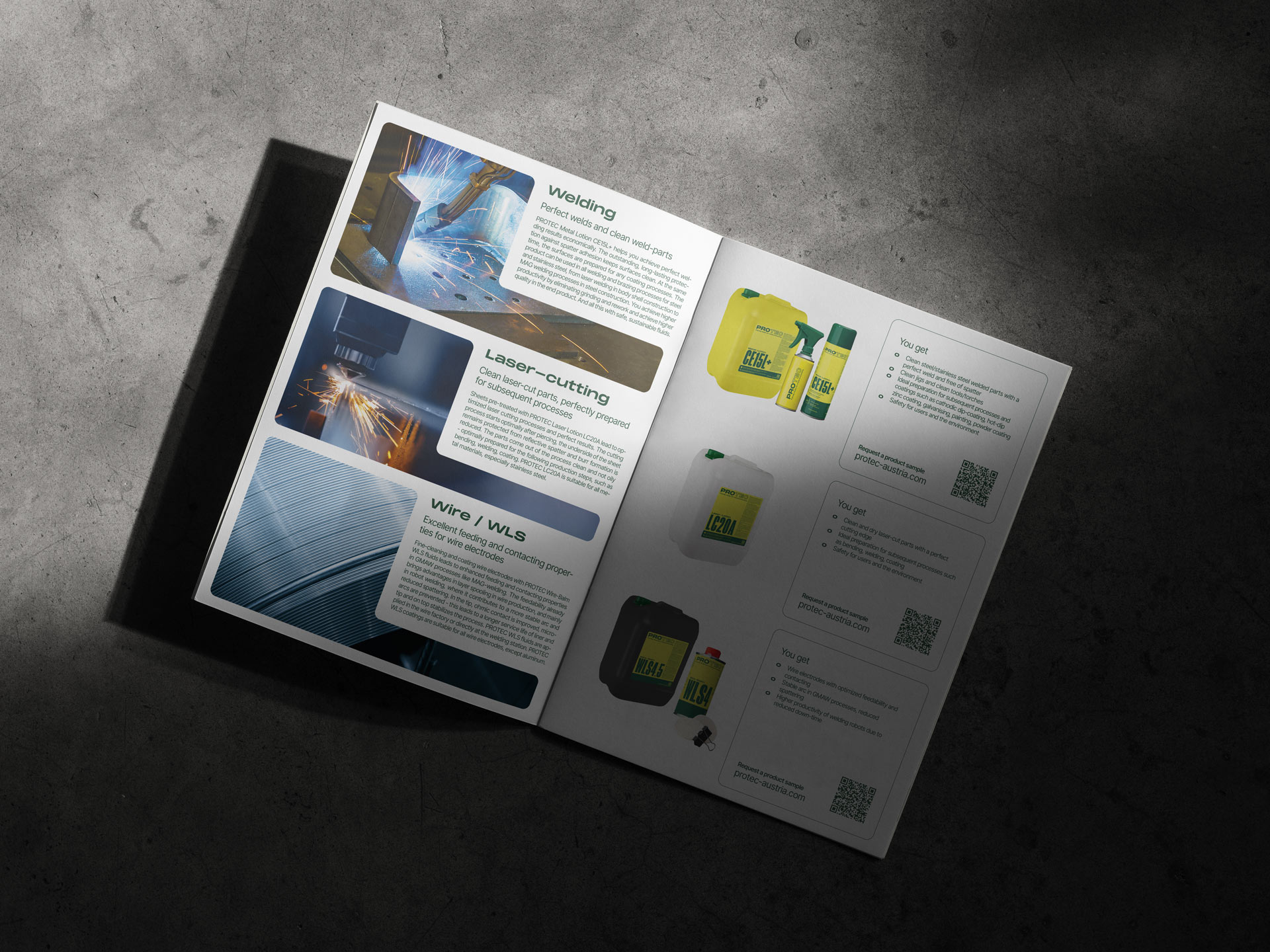 Open PROTEC product brochure with photographs and product listings