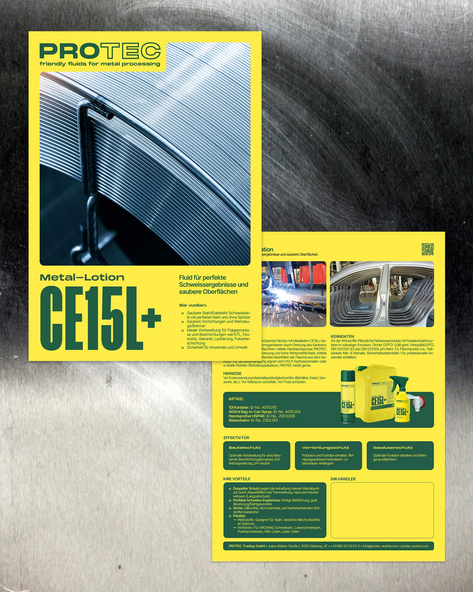 Yellow PROTEC product sheets with large abbreviations and technical imagery