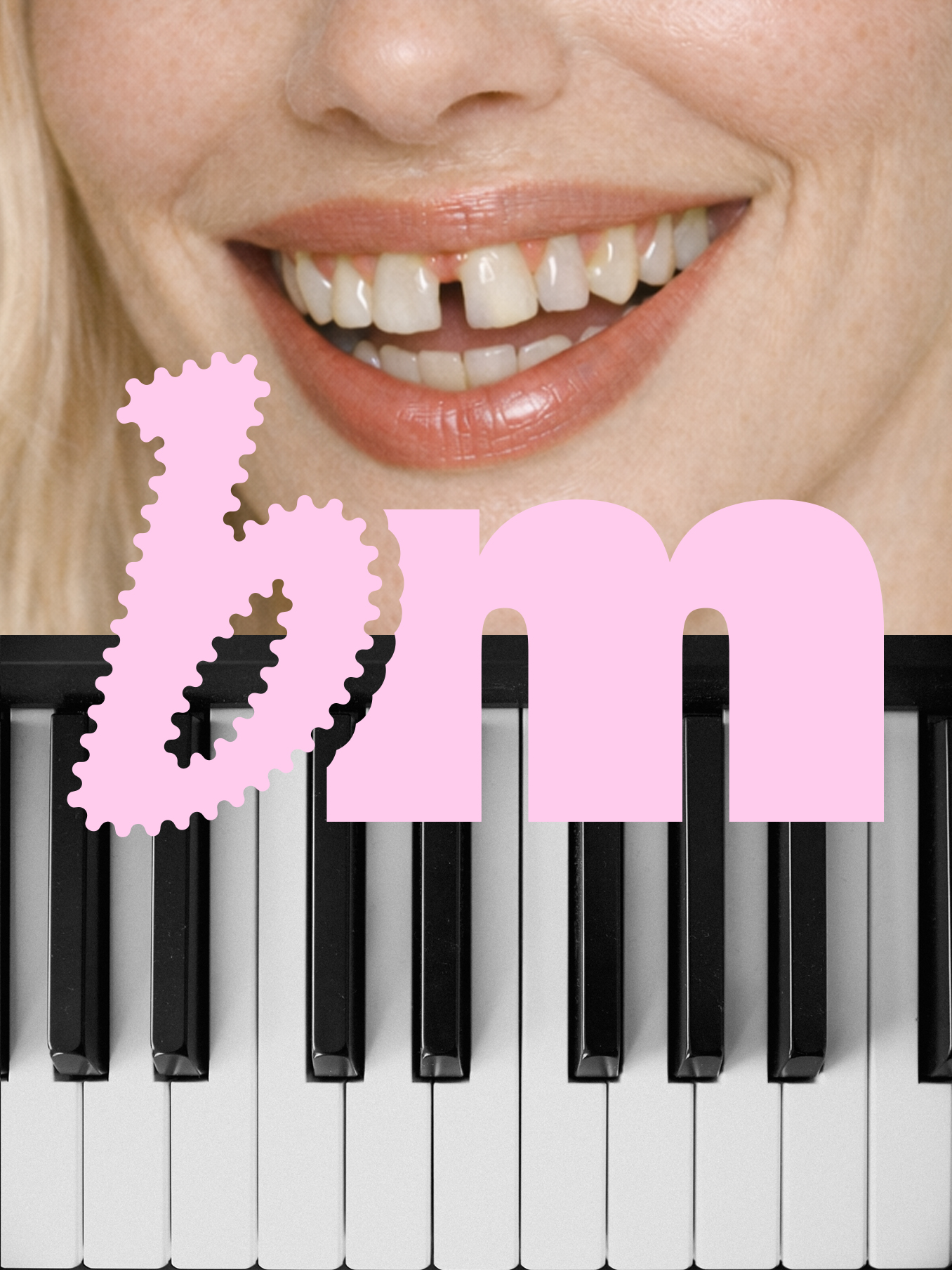 Bittermono collage of a smiling mouth, piano keys and a pink bm symbol