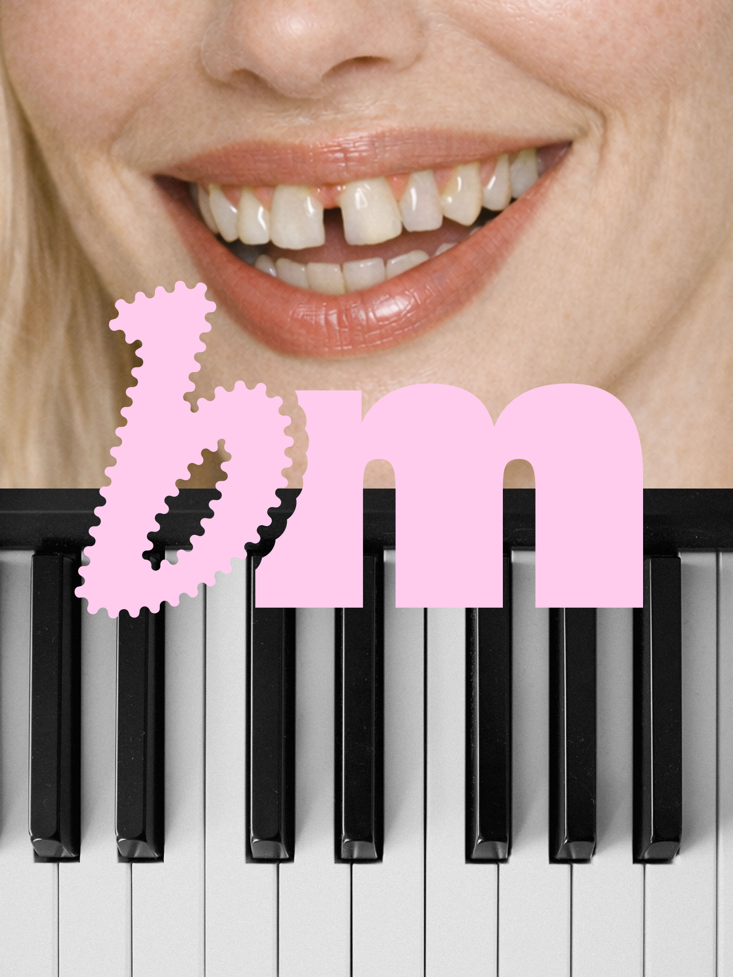 Pink Bittermono monogram over a mouth photograph and piano keyboard