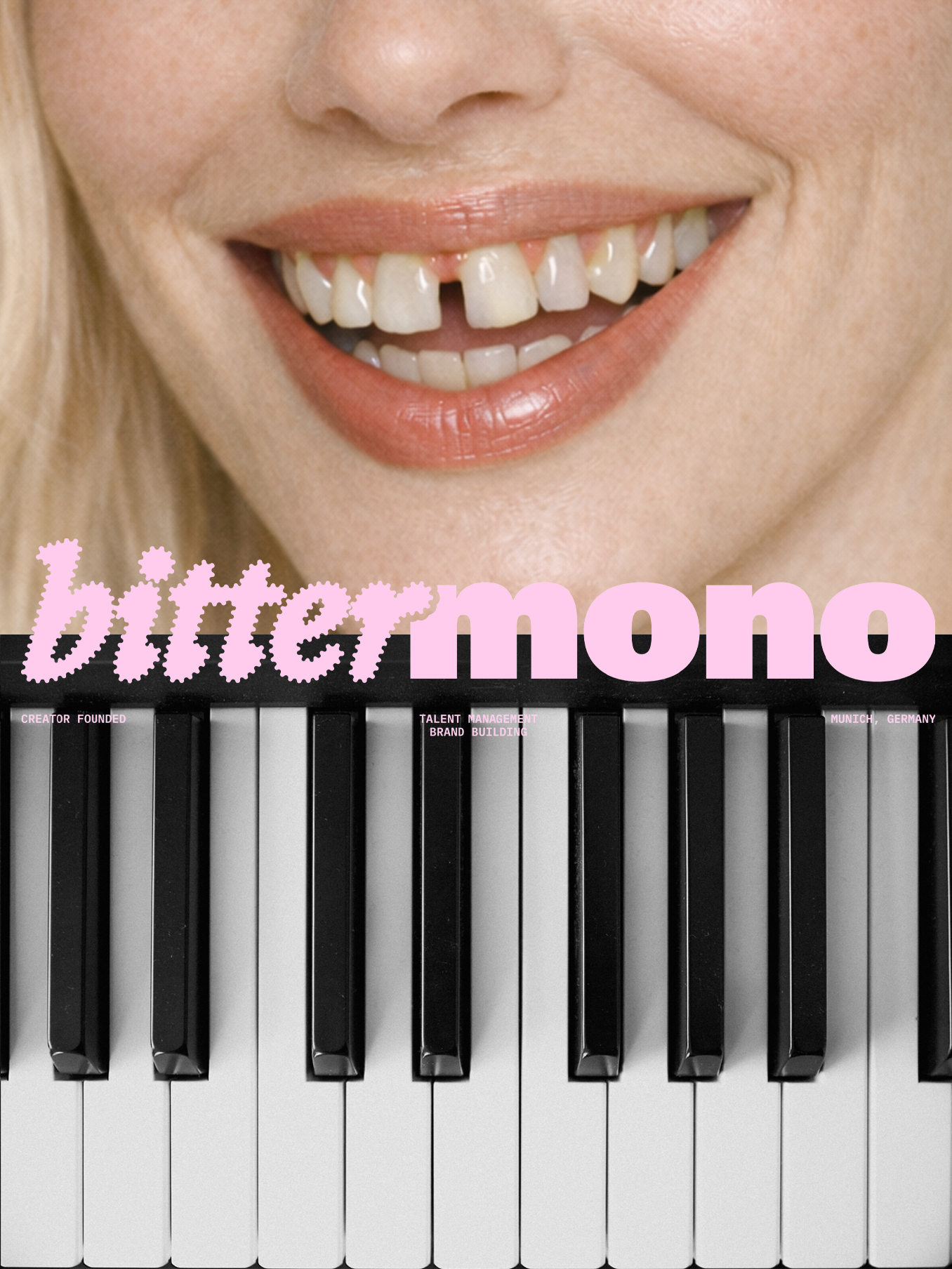 Pink Bittermono wordmark between a smiling mouth and piano keys