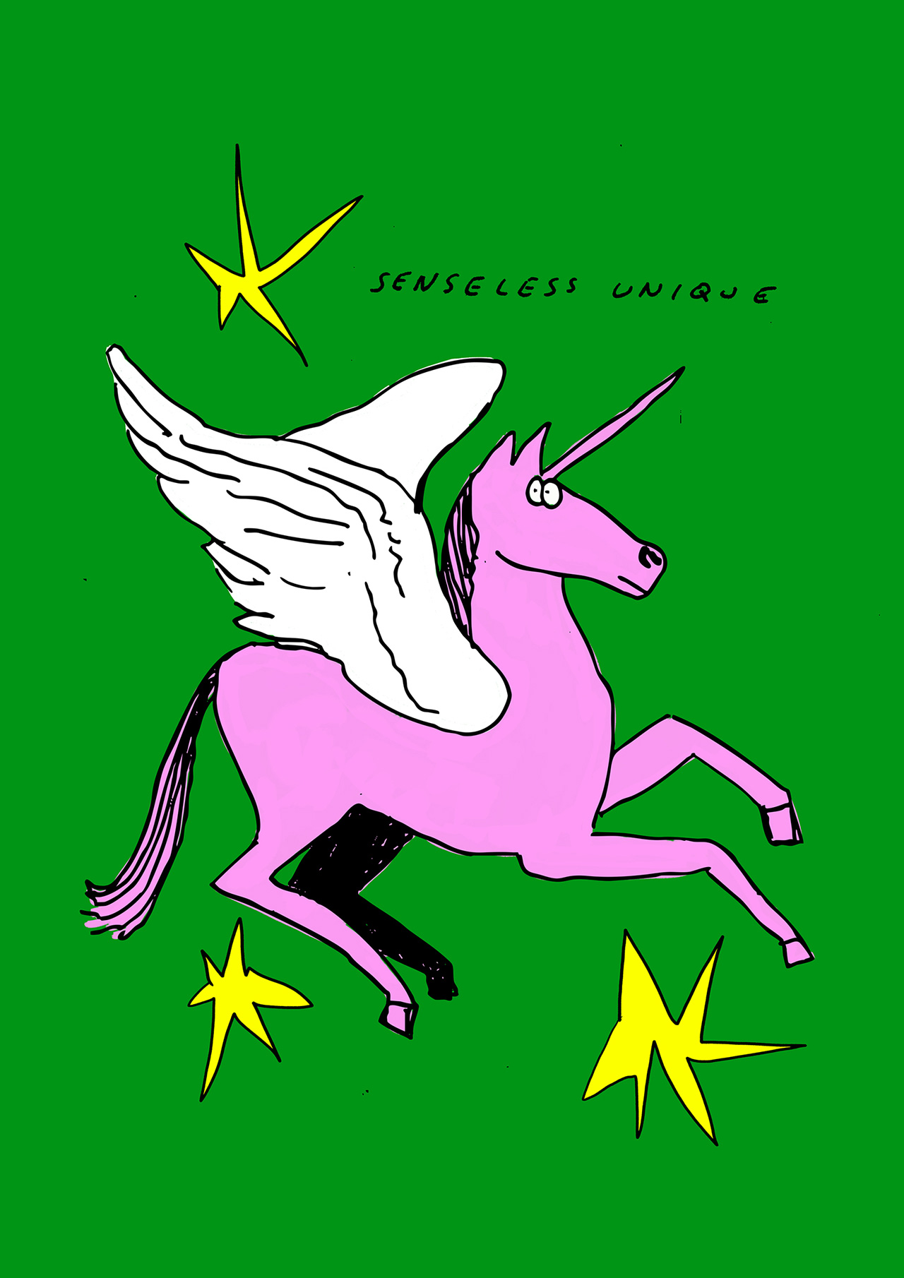 Grüner Senseless Unique Kunstdruck mit rosa geflügeltem Einhorn und gelben Sternen