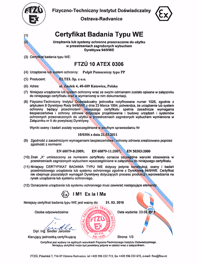 EC Type Examination Certificate (ATEX) for ELTEL equipment, confirming compliance with Directive 2014/34/EU