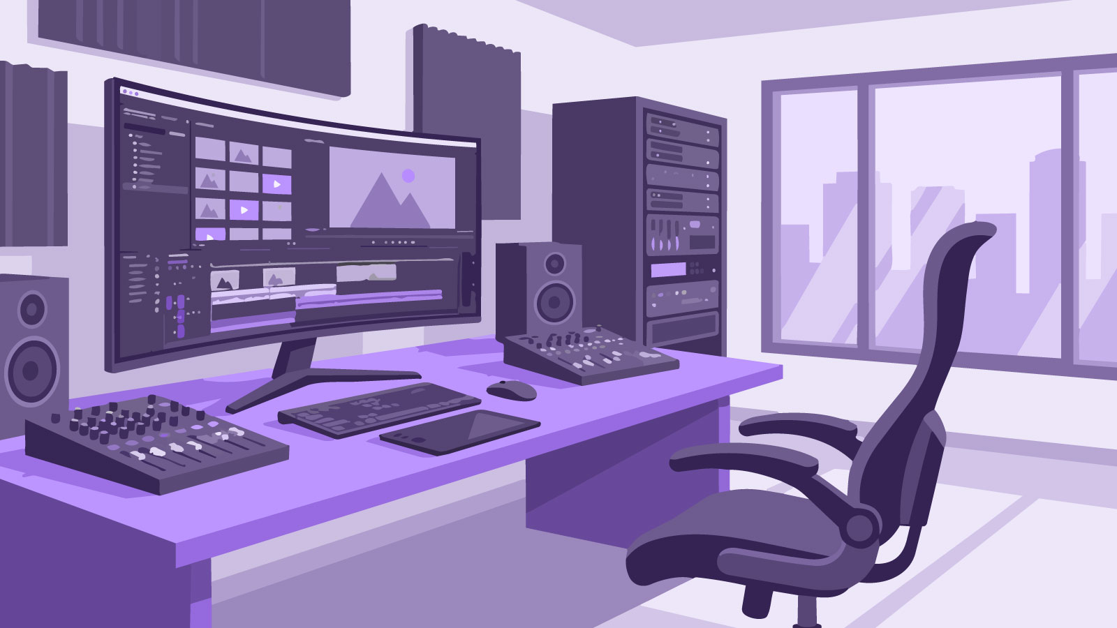 Video editing desk with a curved monitor, audio mixer, keyboard, mouse, speakers, and office chair by a city window.