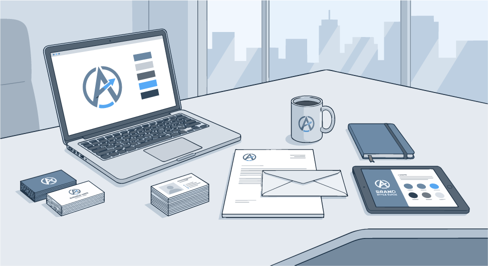 Office desk with laptop, business cards, letter, envelope, coffee mug, notebook, and tablet showing brand style guide.