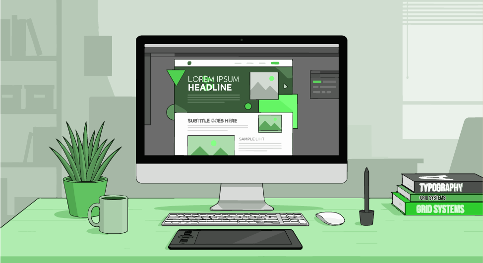 Digital workspace with computer showing graphic design software and tools on green desk with books and plant.