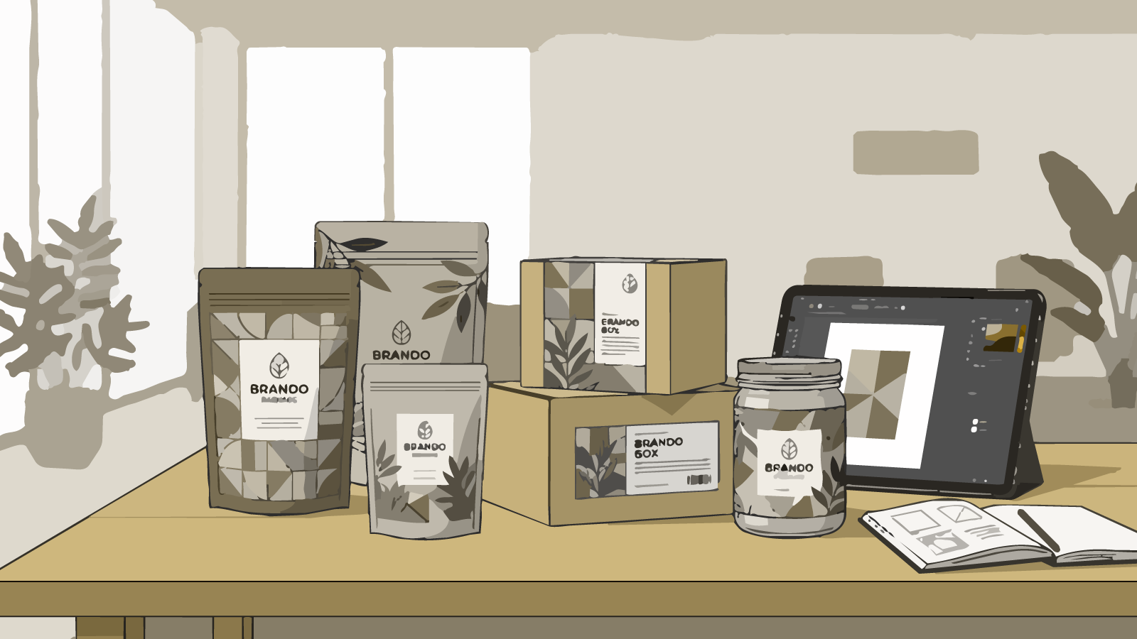 Packaging design mockups of pouches, boxes, and a jar with leafy patterns on a desk with a tablet and notebook.