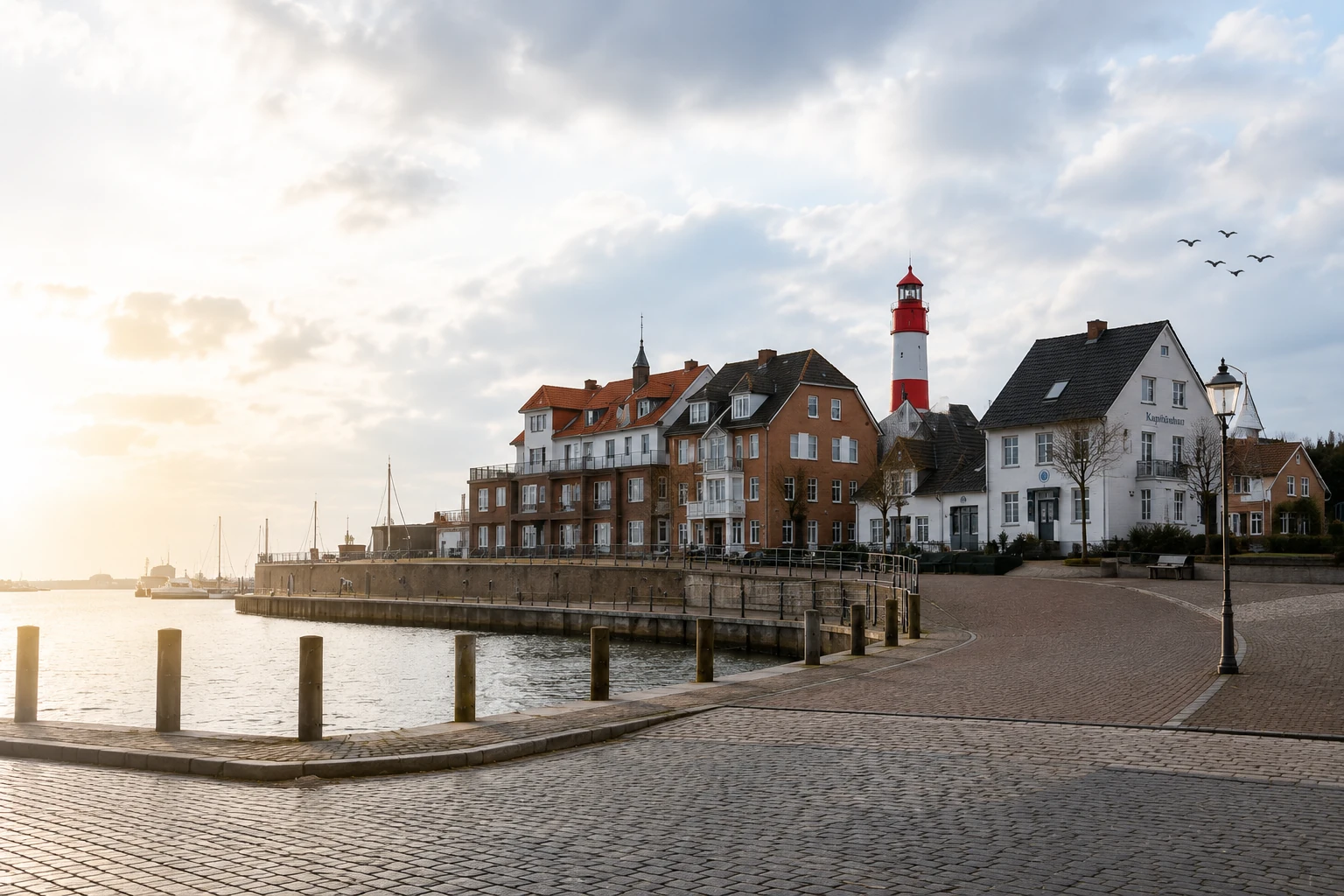 Küstenmotiv im Stil Ostfrieslands mit Leuchtturm und Hafen