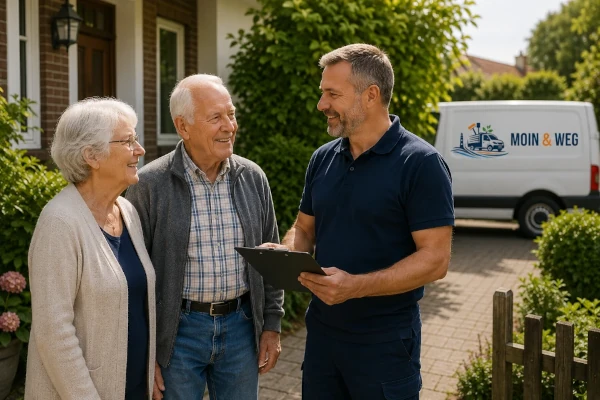 Mitarbeiter von MOIN & WEG im Gespräch mit einem älteren Paar vor einem Haus